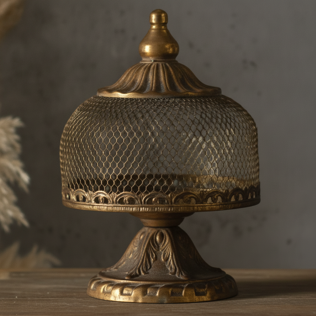 Amanda antique gold mesh dome candle holder on a turned pedestal foot