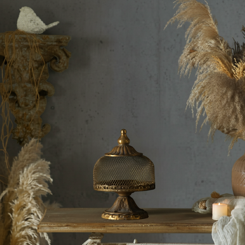 Mesh dome candle holder styled on a wooden console with dried grasses