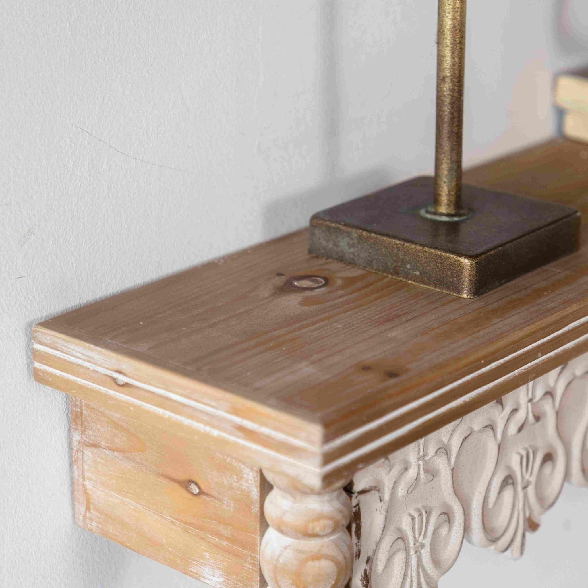 Ariane wall shelf close-up of the whitewashed fir top and moulded edge