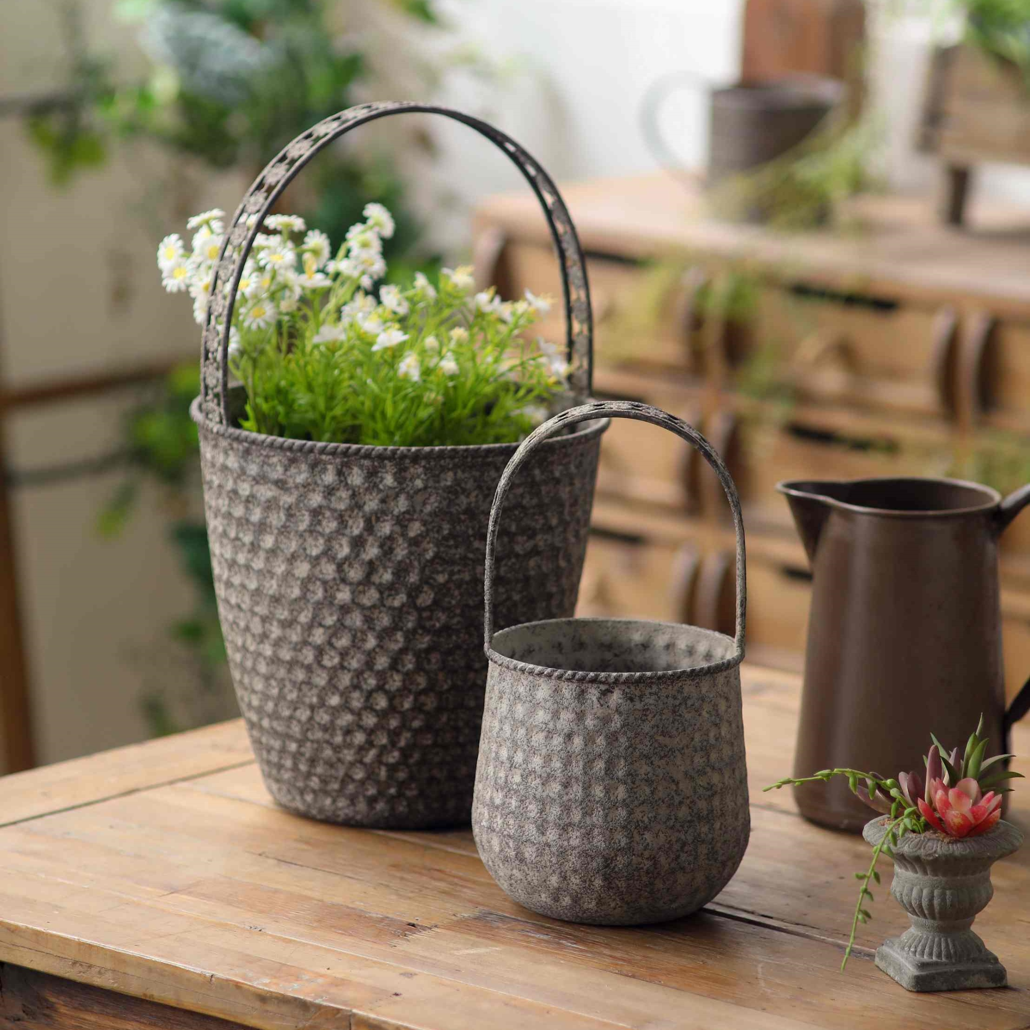 Bernadette set of two aged metal basket planters with flower-pierced arched handles