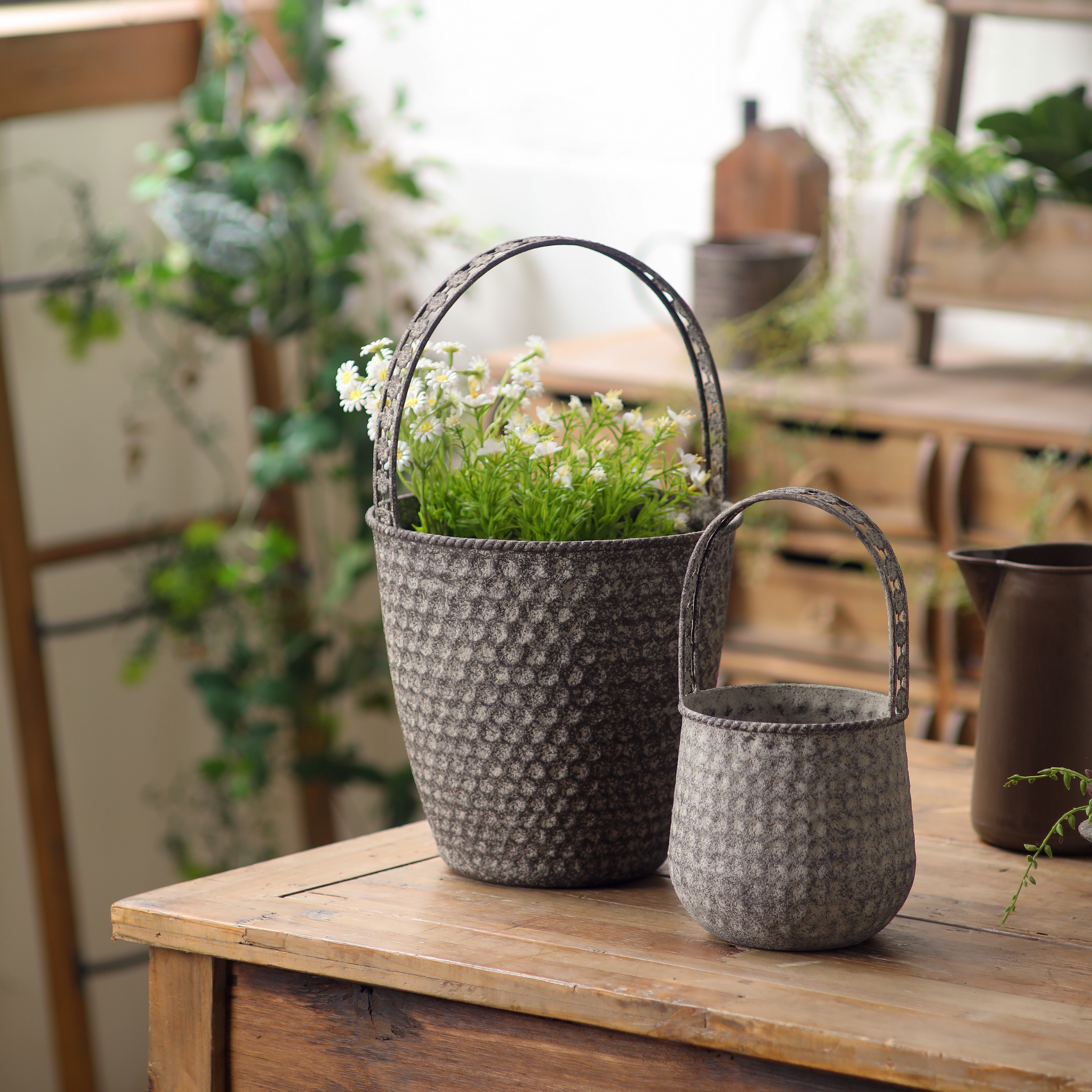 Bernadette Basket Planter Set of 2, Aged Metal Flower Handle French Provincial Planters