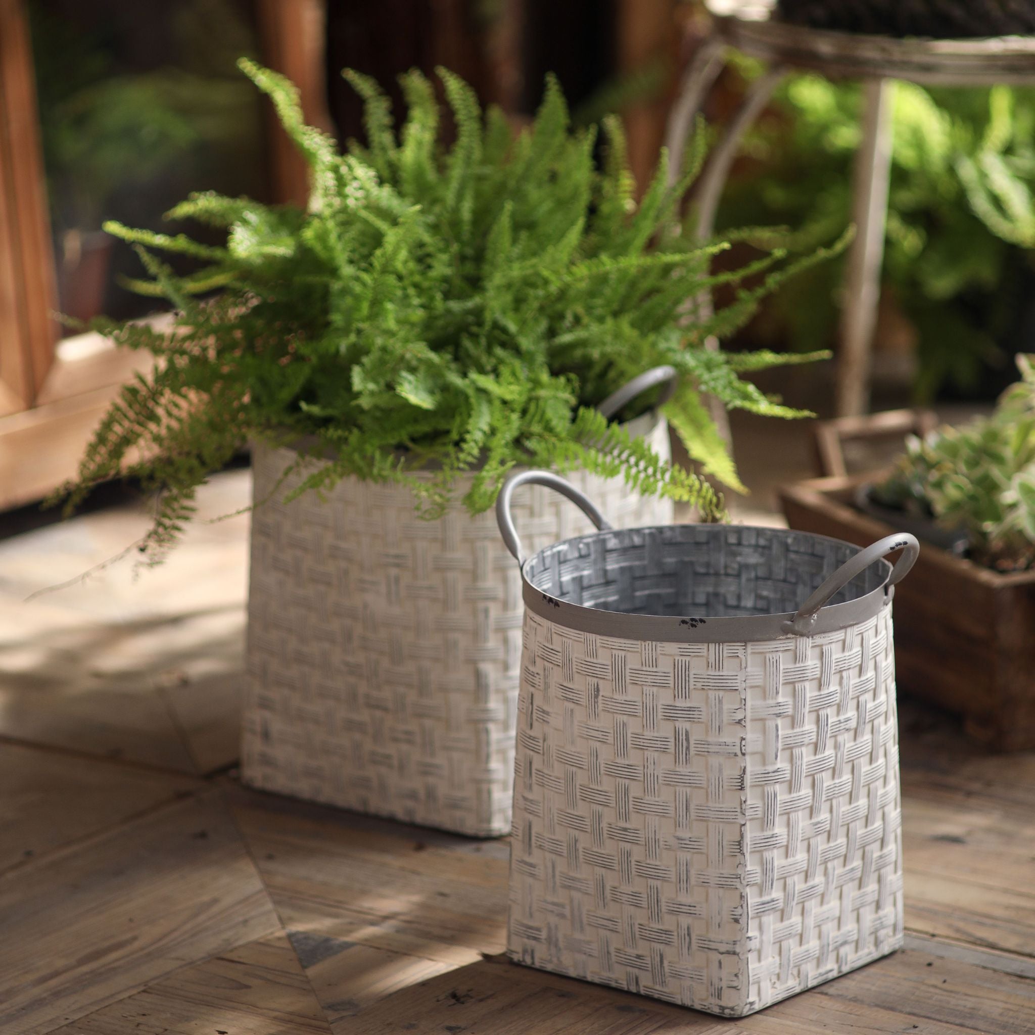 Daphne set of two basketweave metal planters in a whitewashed finish with looped handles