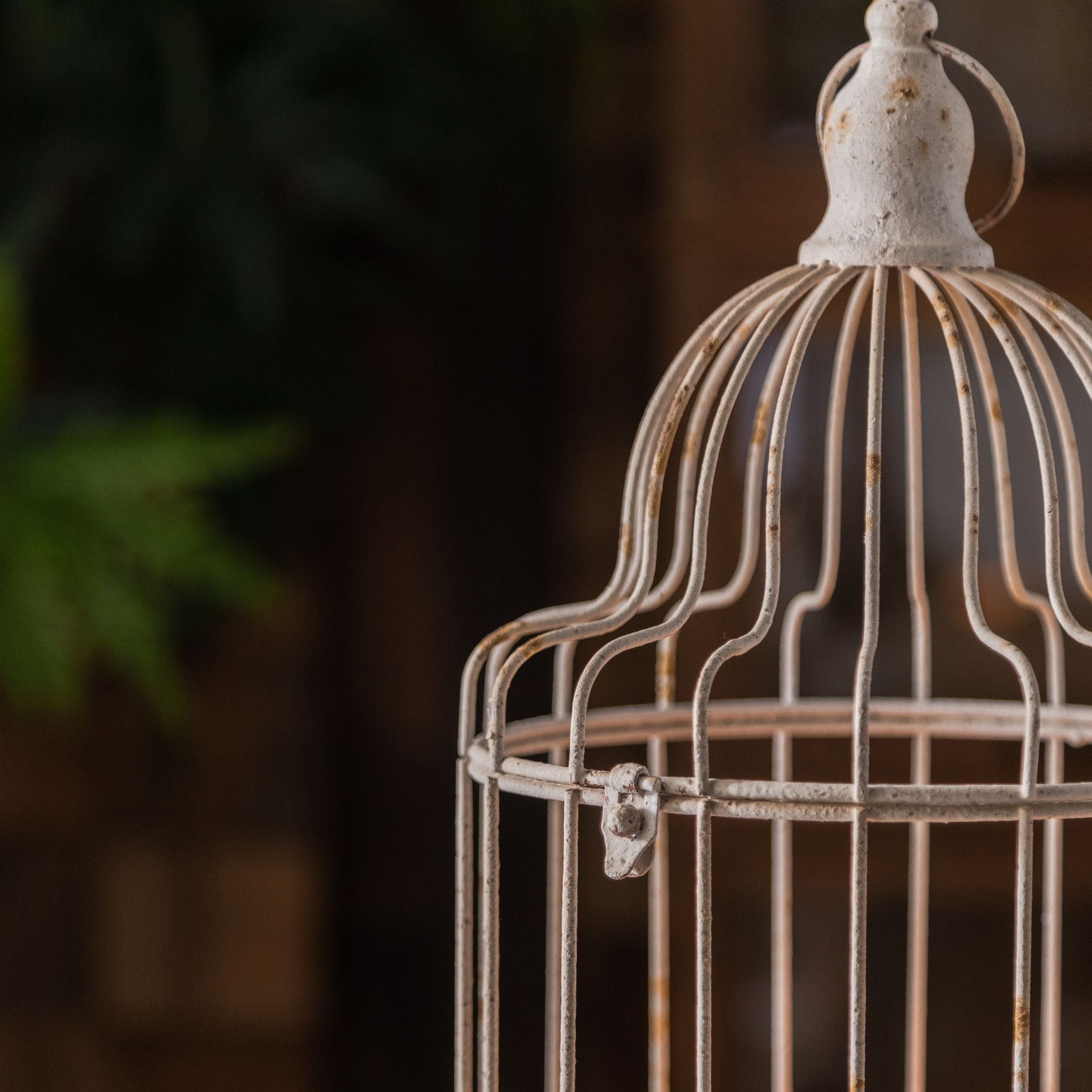 Bernard birdcage candle lantern domed bell crown with ring finial in antique white aged metal