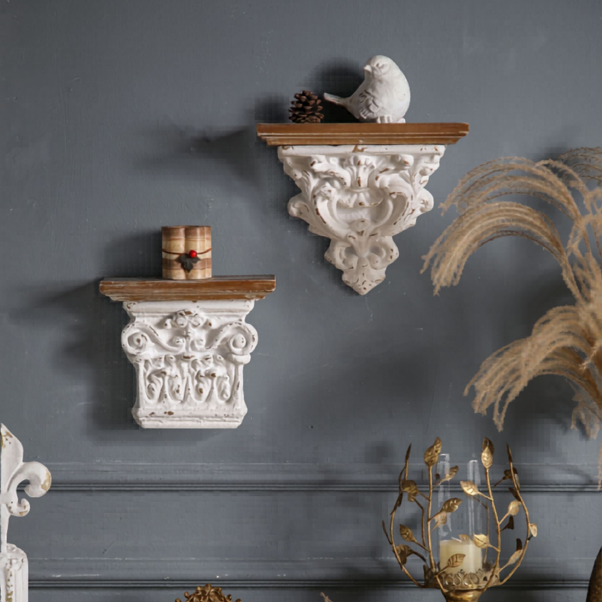 Caroline French Provincial Wall Corbel Shelf, Distressed White Corinthian Capital with Timber Top