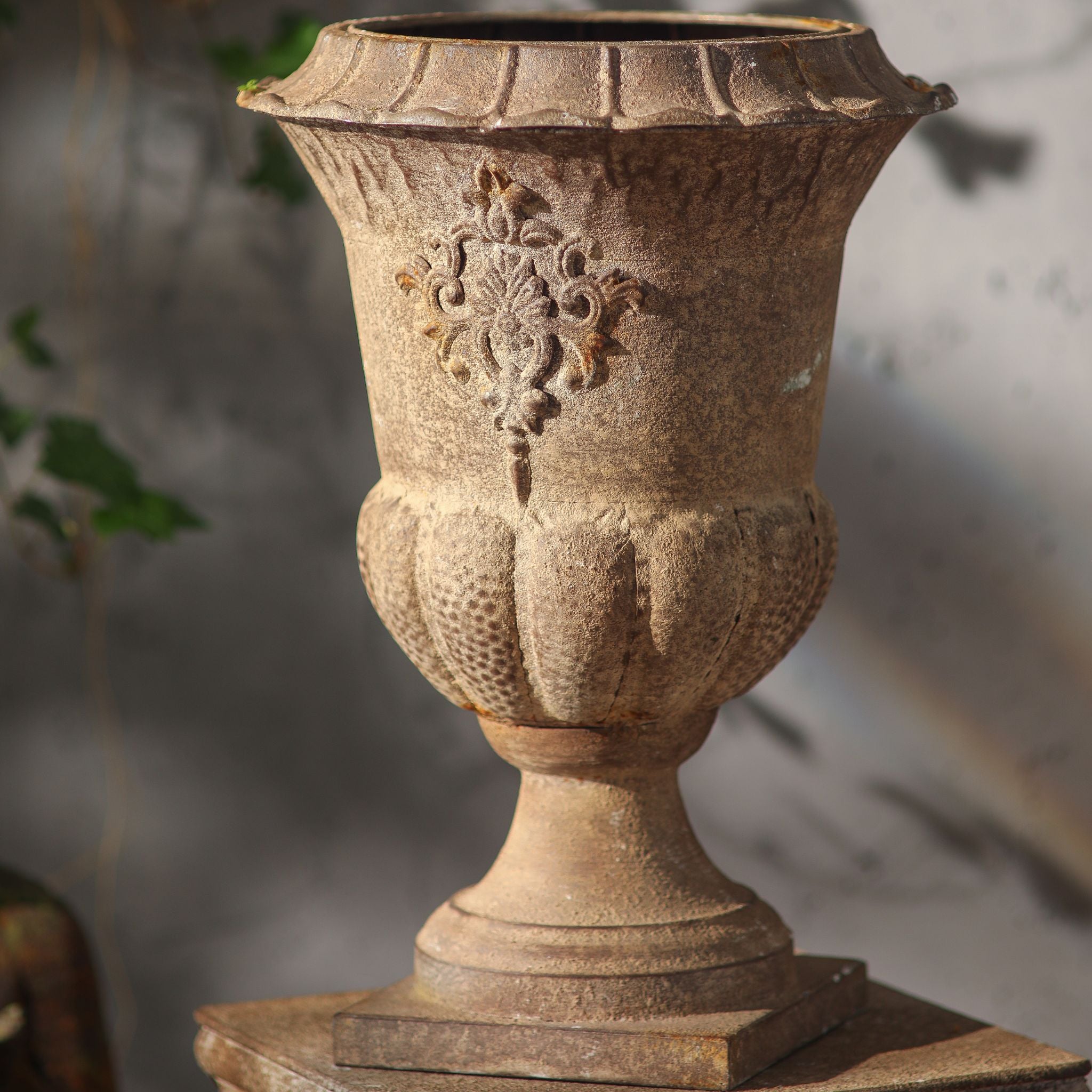 Delphine aged metal urn planter, French Provincial Medici urn with fluted body and scrollwork cartouche