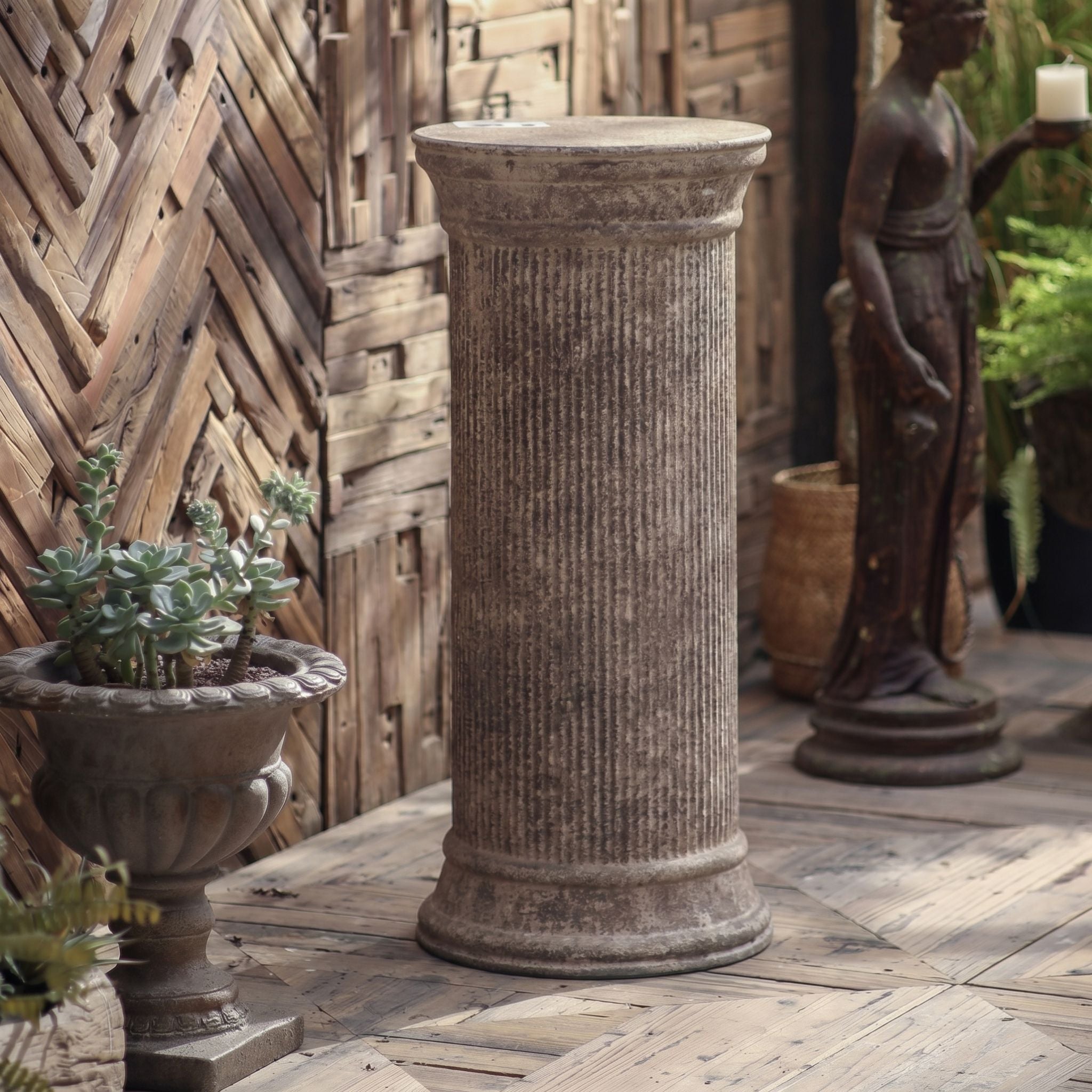 Celeste fluted column pedestal in weathered aged metal, French Provincial display plinth. Hero.