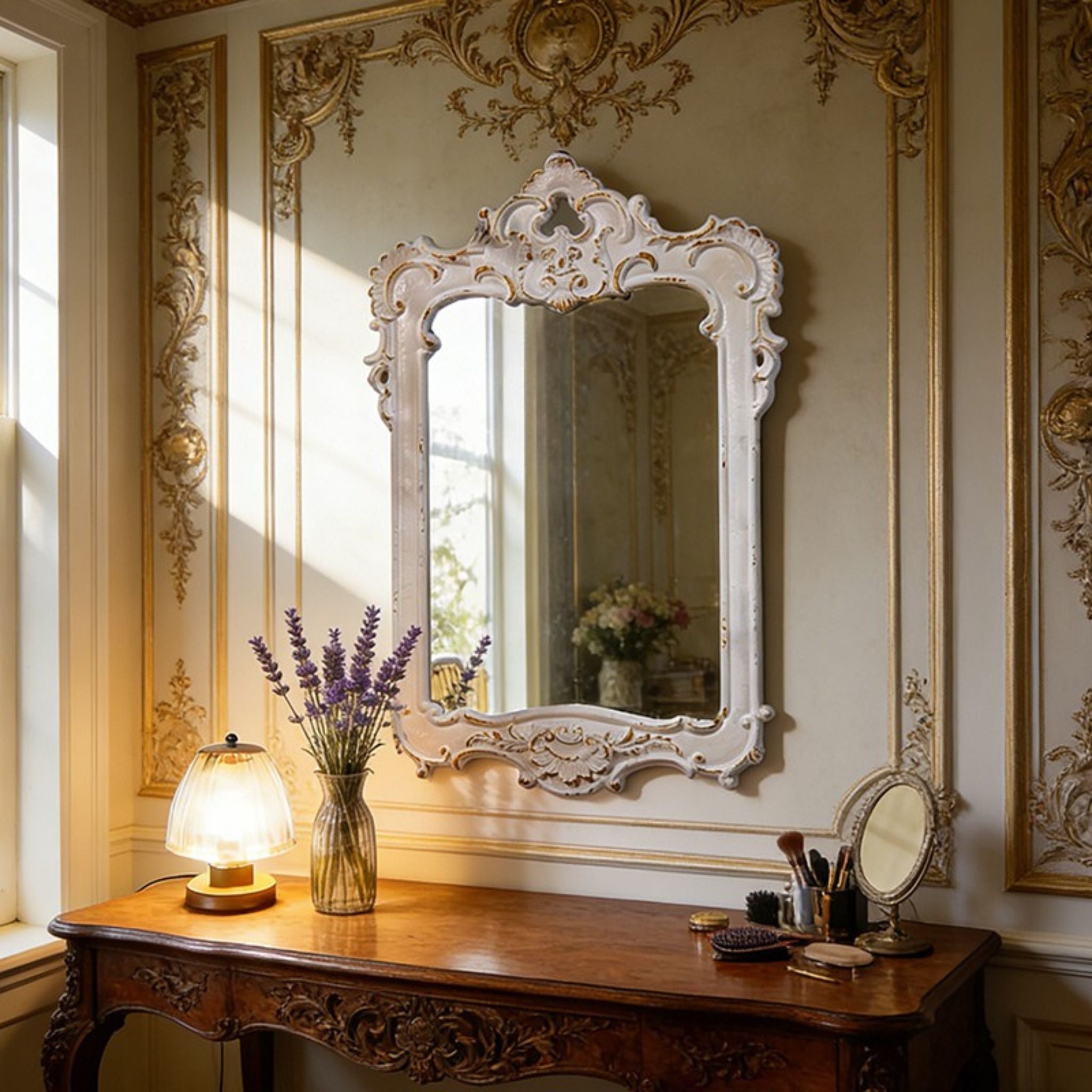 Chambord French Provincial grand Baroque wall mirror in antique white with gold accents, styled above a French country dressing table with lavender, lamp and vintage vanity mirror. Hero.