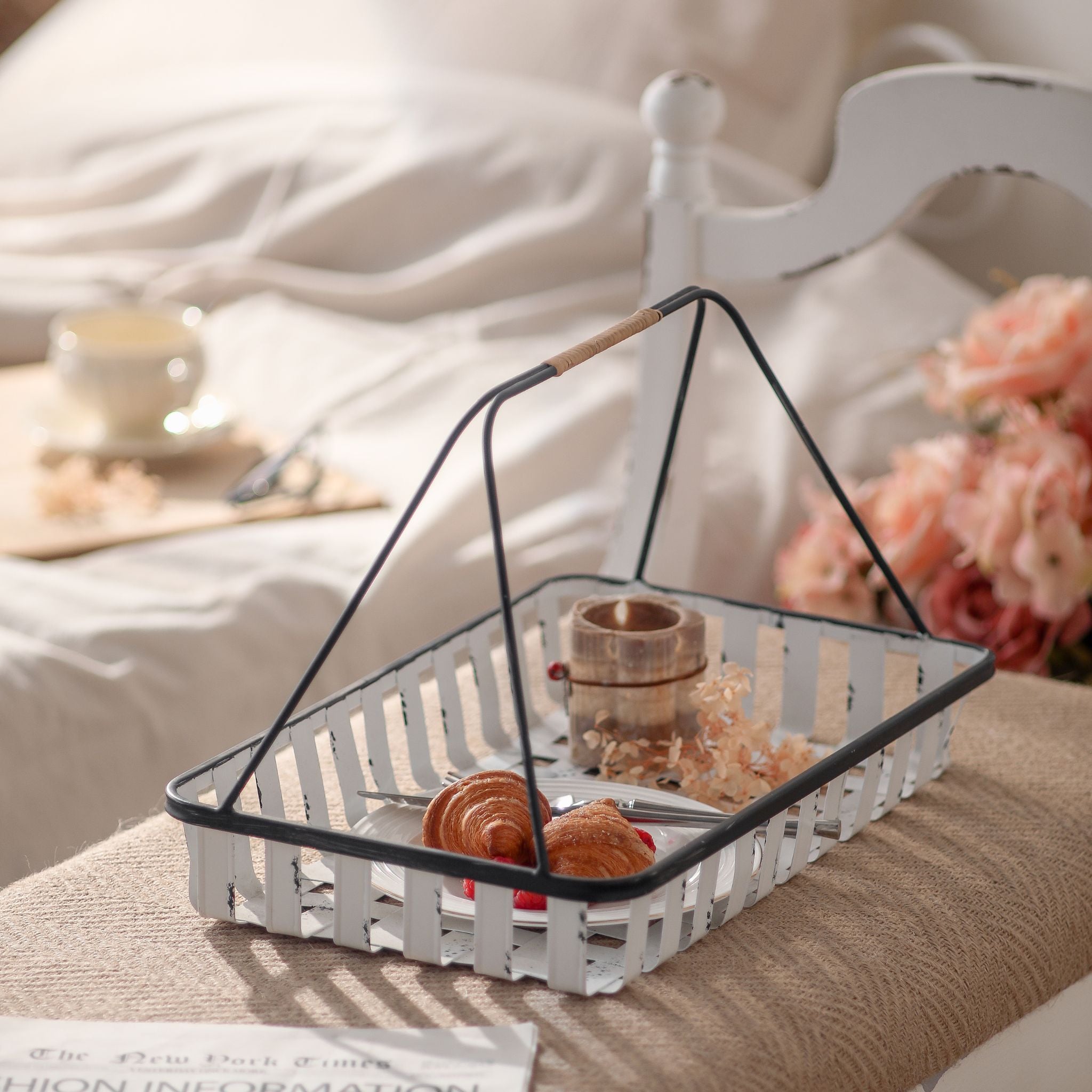 Chantal metal carry basket styled as a breakfast caddy, food and props not included
