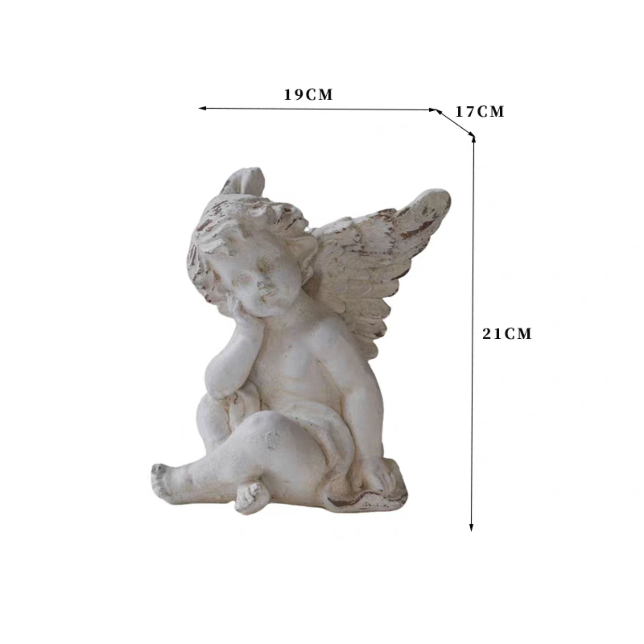 Cupidon French Provincial Sitting Cherub Sculpture, Antique Whitewashed Magnesia 21cm