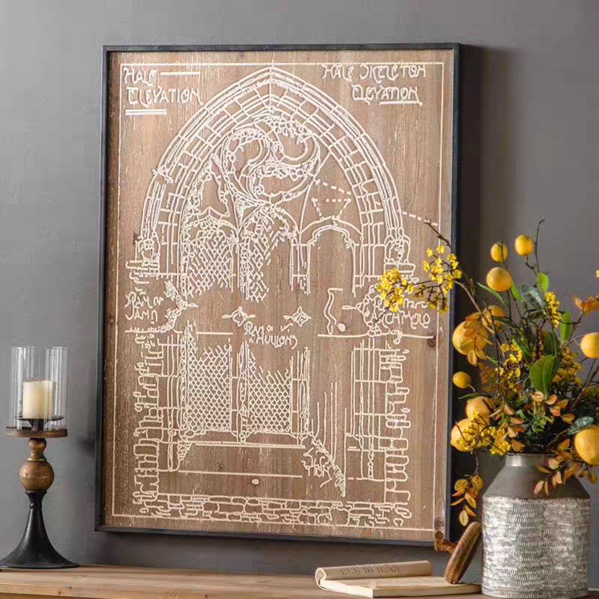 Darius French Provincial wall art, Gothic cathedral window architectural drawing in white line on natural wood with a slim black metal frame.