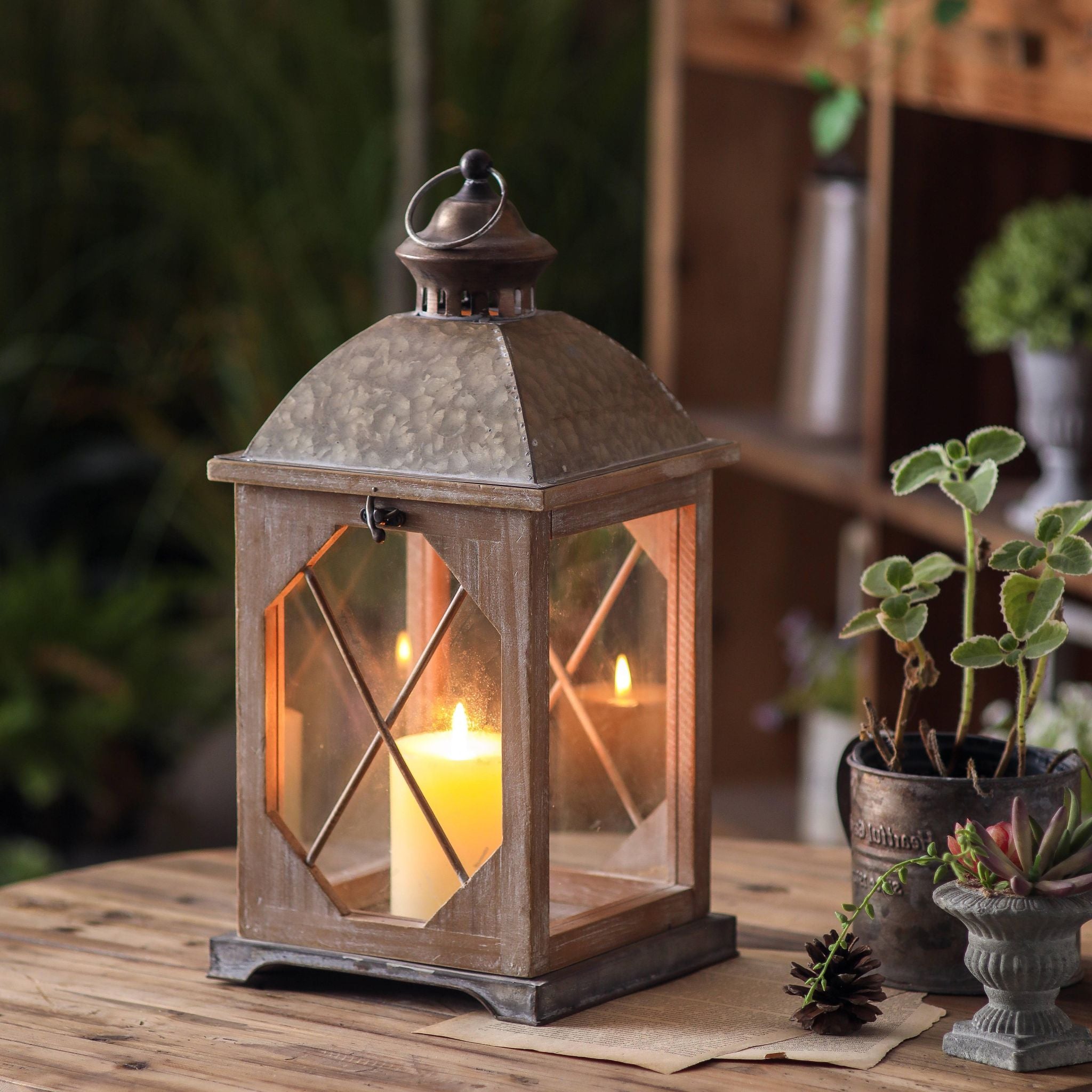 Denis large French provincial whitewashed wood lantern with galvanised dome, lit