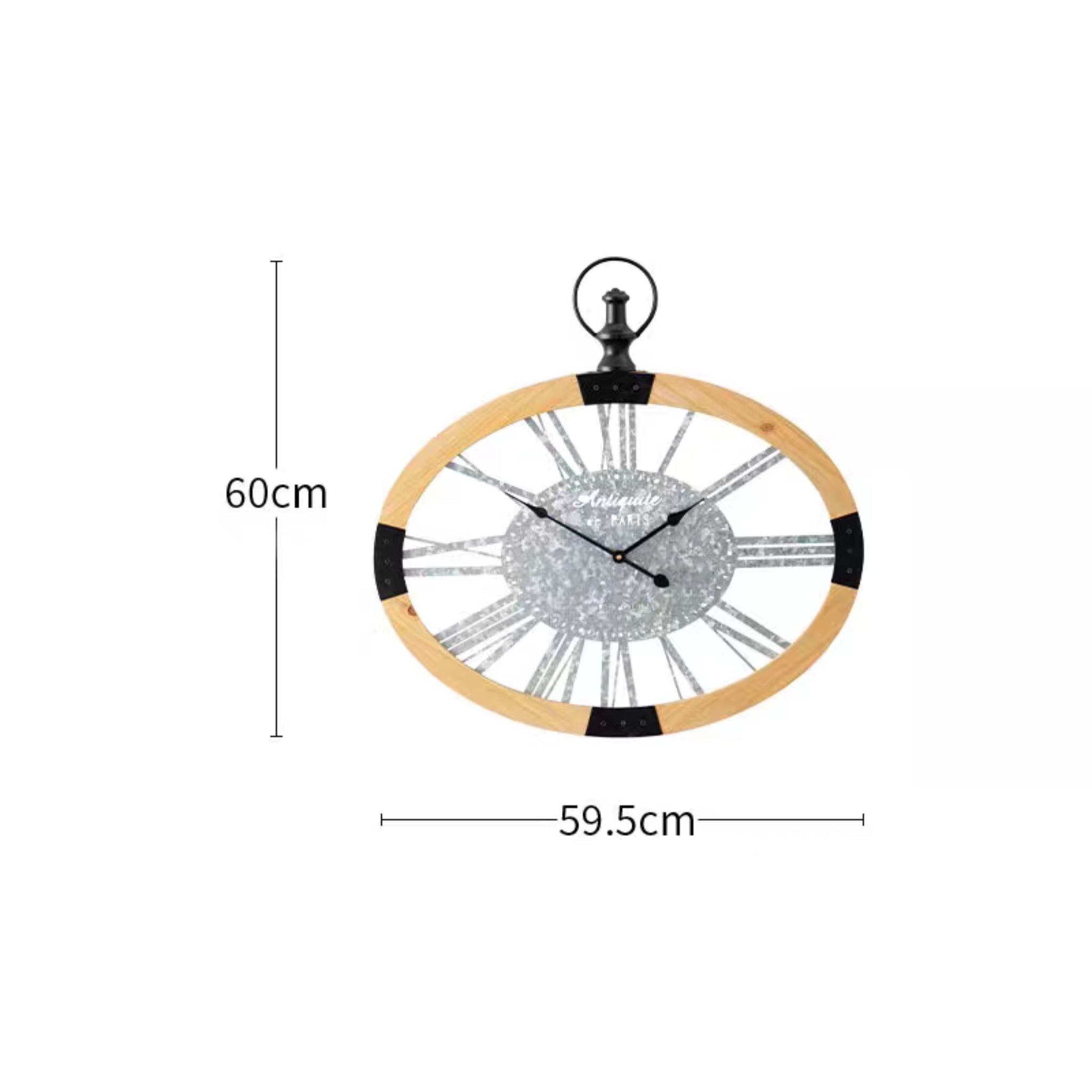 Maude oval wall clock dimensions, 60 cm wide by 59.5 cm tall