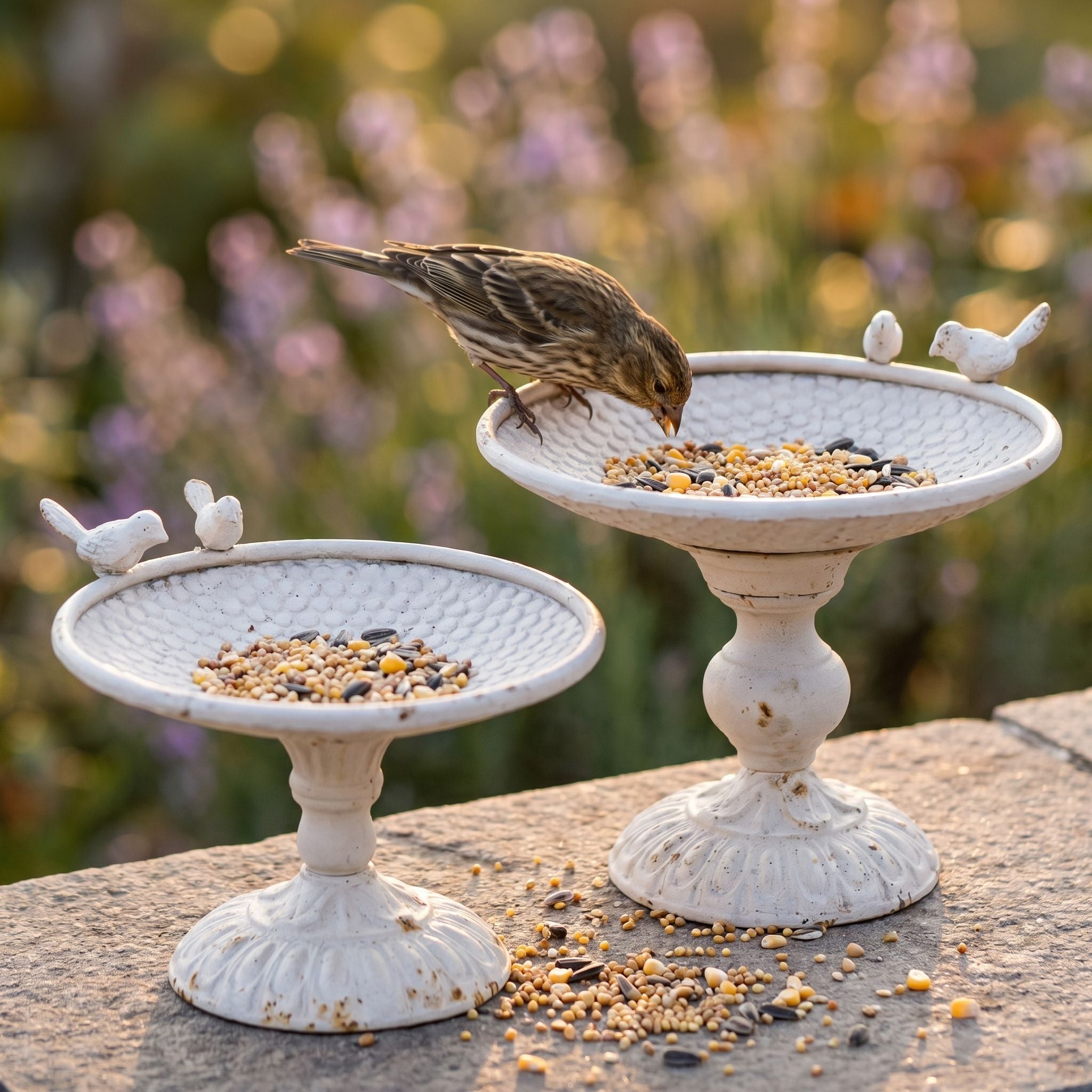 Gerard shown smaller beside the larger Thibault bird bath, both filled with seed in a garden. Sold separately.