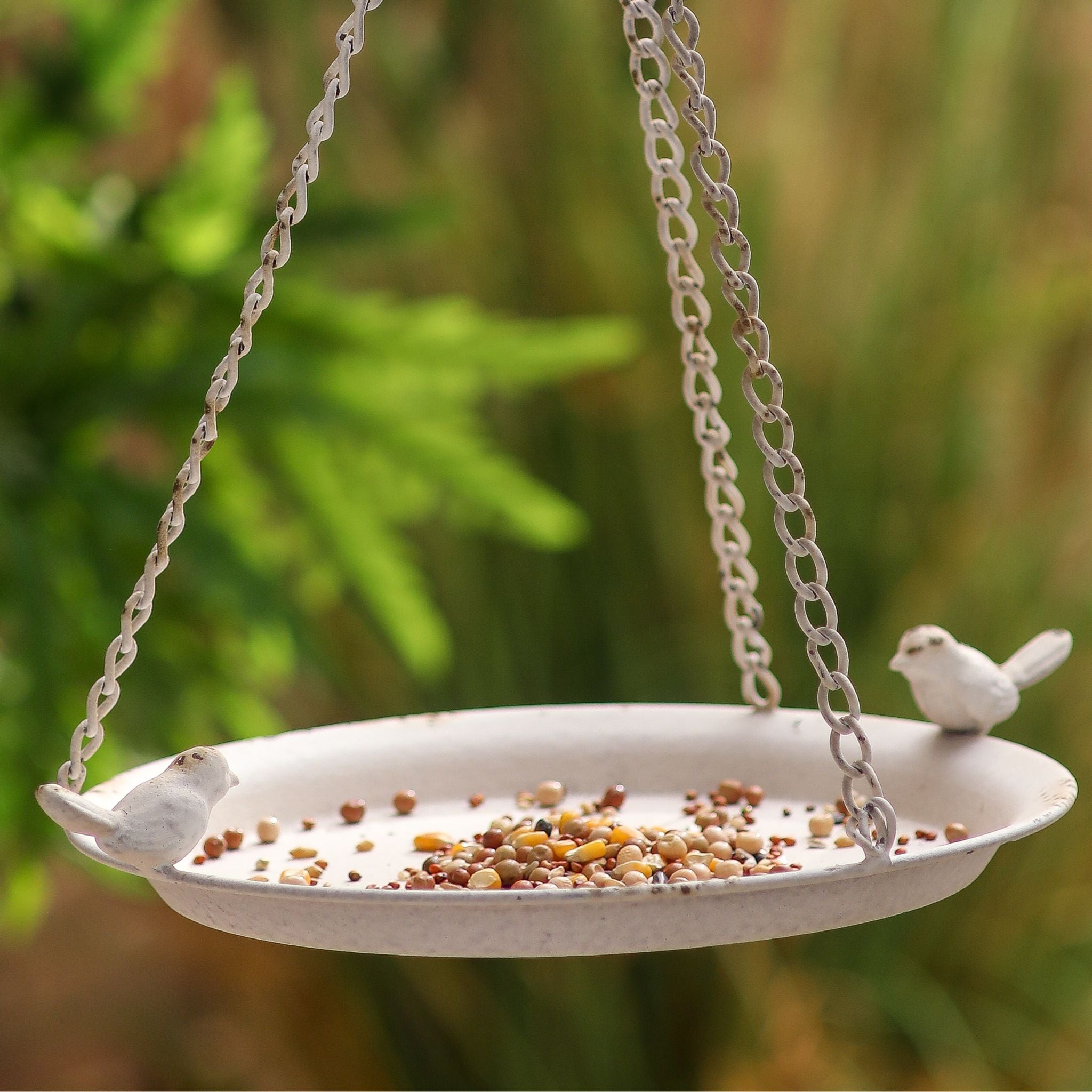 Close view of the Fleur feeder tray with seed and two little cast birds on the rim.