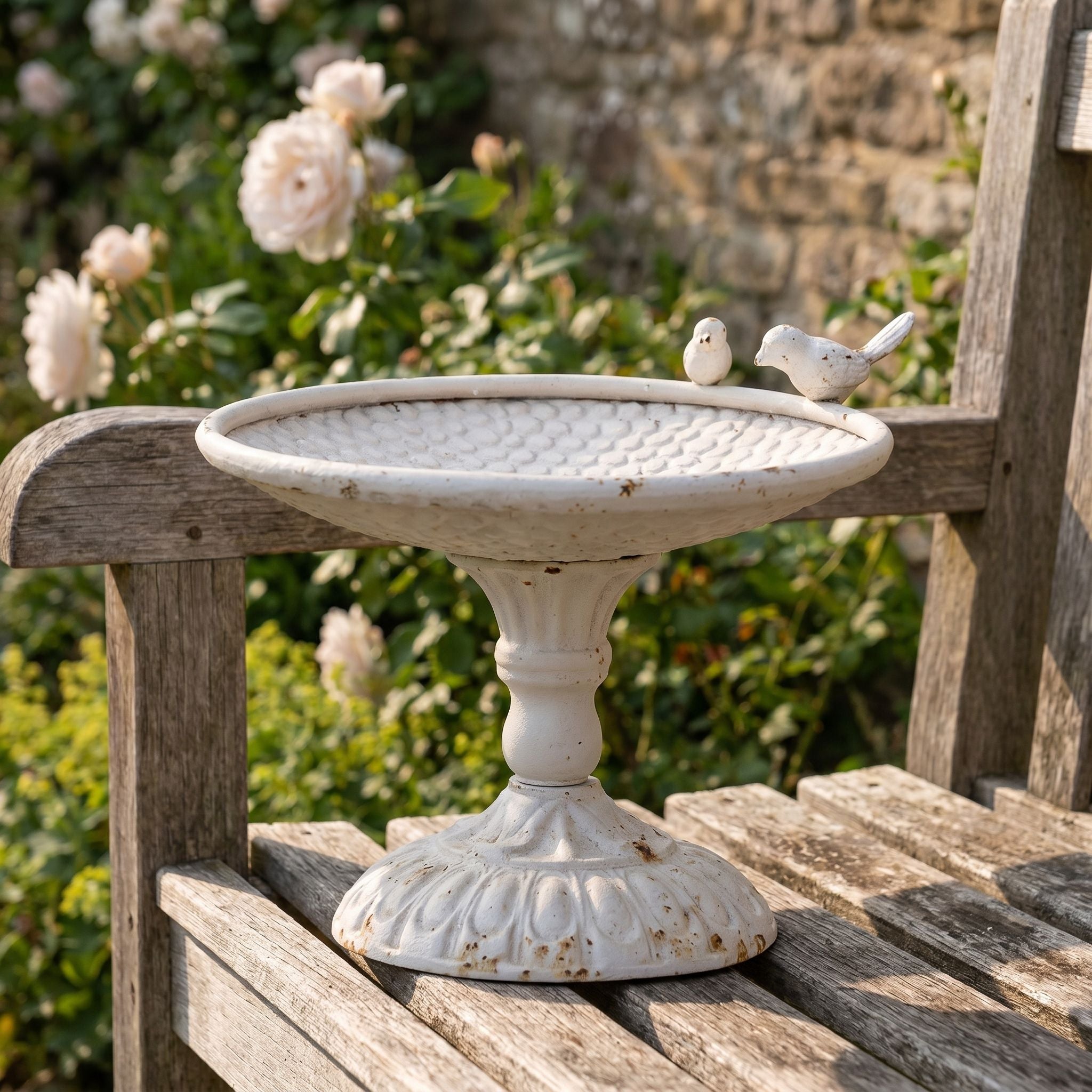 Gerard distressed white bird bath with birds on the rim, styled on a weathered garden bench by a stone wall.