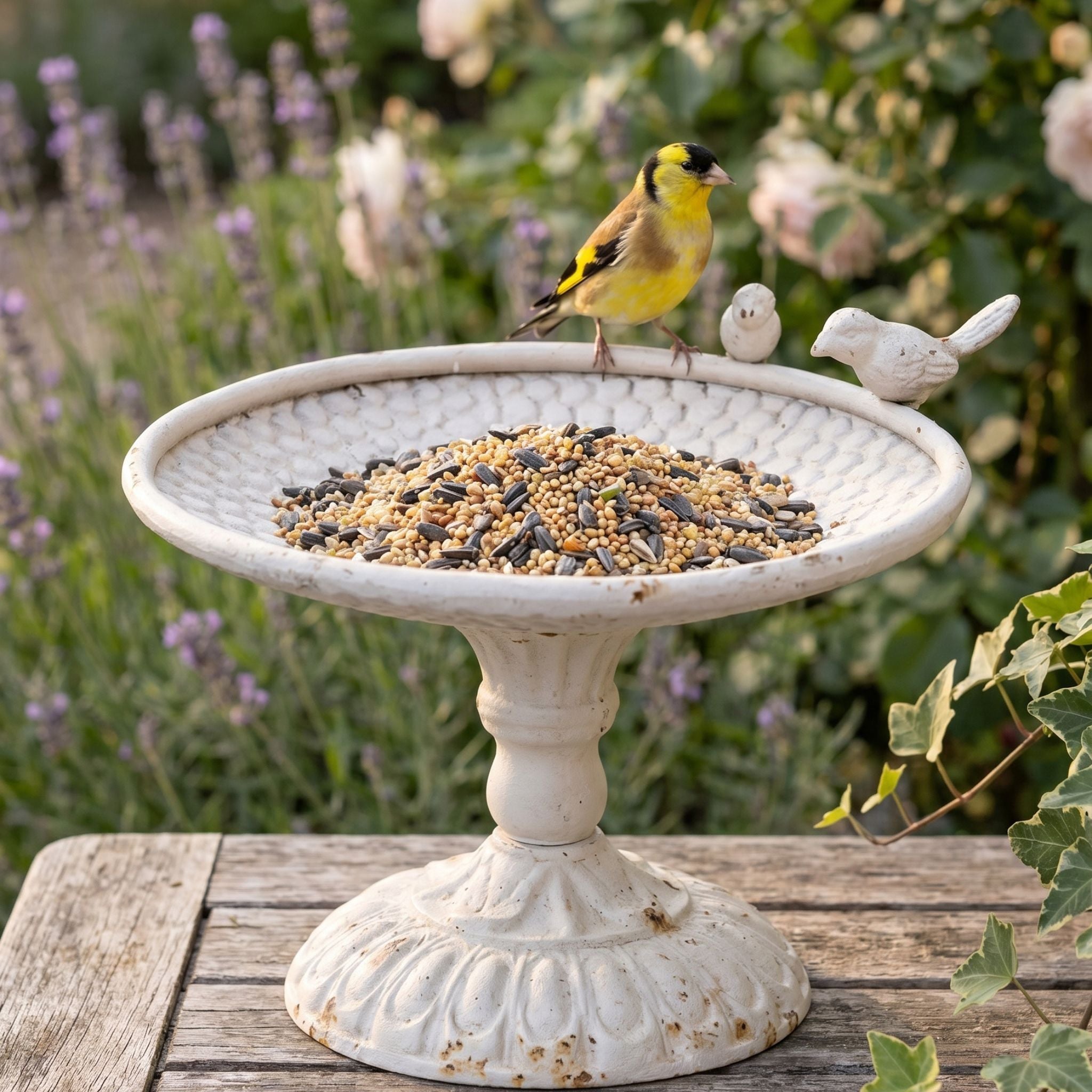 A goldfinch perched on the Gerard distressed white bird feeder filled with seed in a cottage garden.