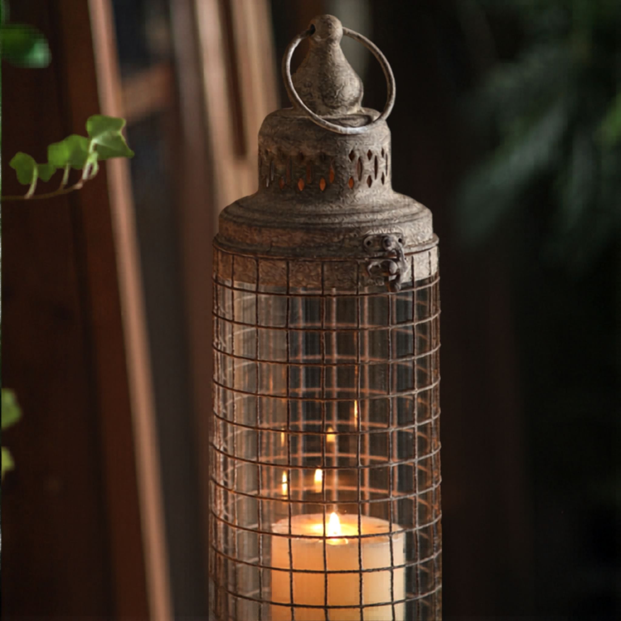 Elliott wire cage lantern lit, glass sleeve and cream pillar candle glowing through the grid, styled with trailing ivy.