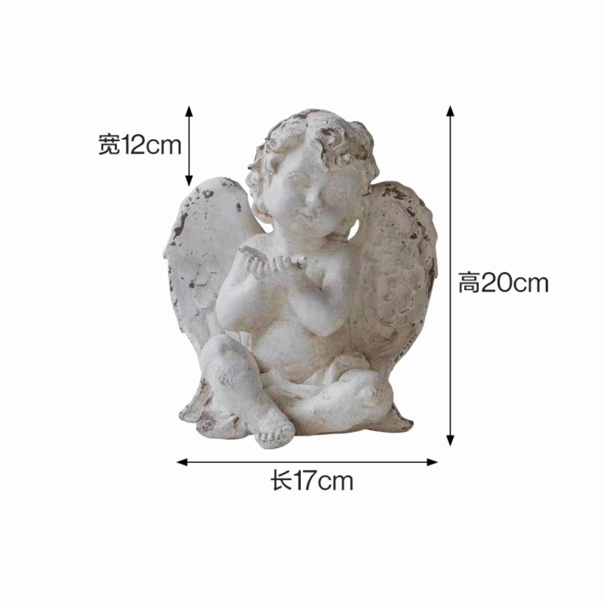 Élodie cherub figurine size diagram, 17 x 12 x 20 cm