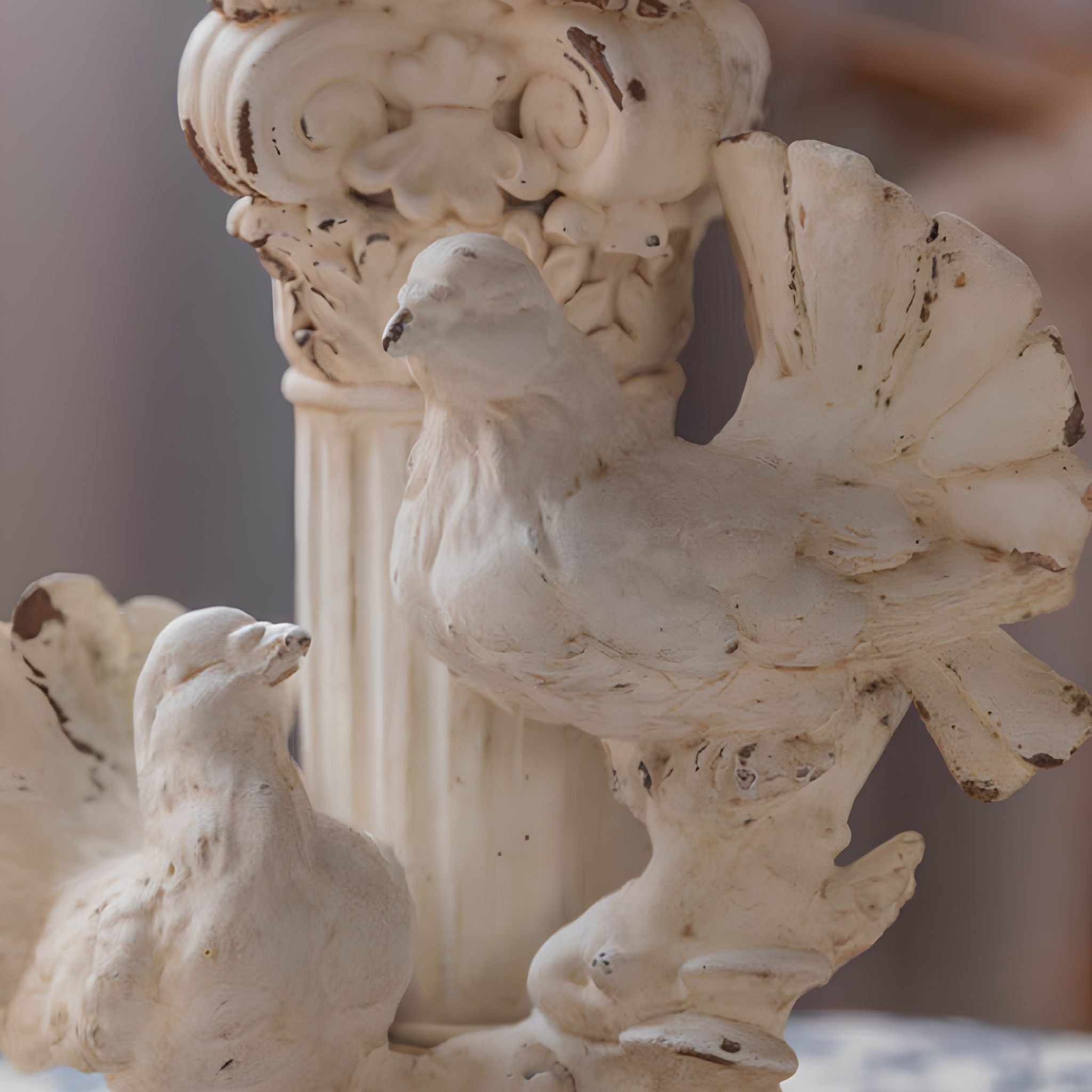 Close-up of the two doves against the fluted column, showing the distressed antique-white finish worn through to terracotta.