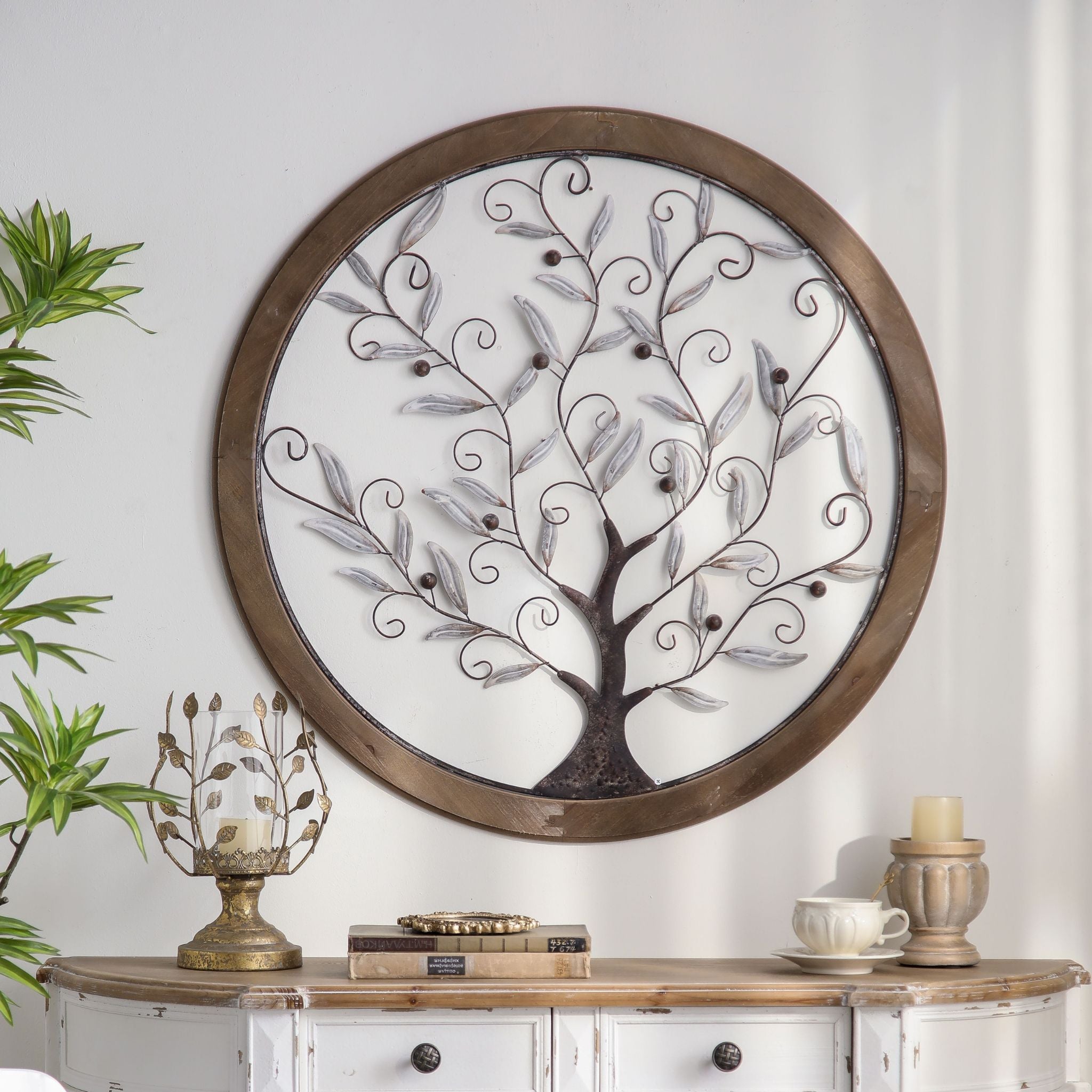 Full front view of the round tree of life wall art with whitewashed leaves and a fir timber frame