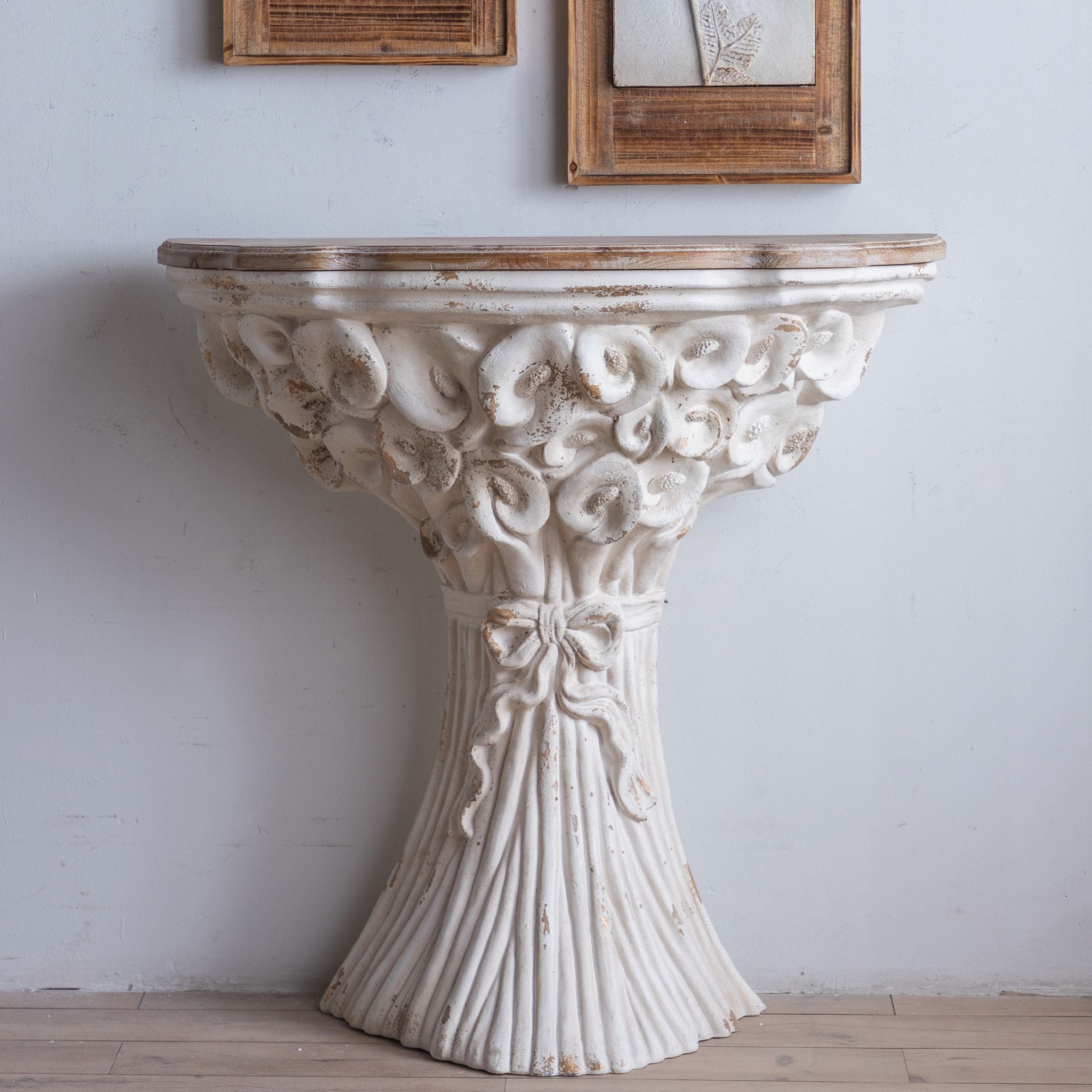 Celestine distressed white floral wall console table, French Provincial demilune with timber top