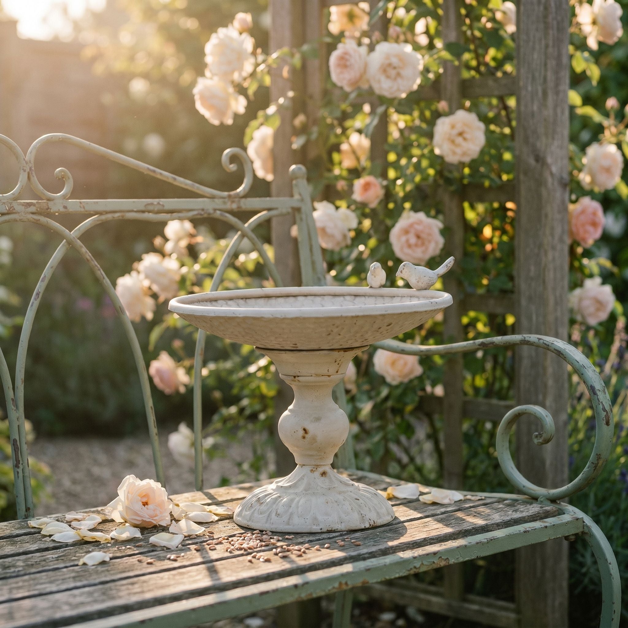Thibault distressed white pedestal bird bath with two perched birds on the rim, styled on a garden bench with roses.