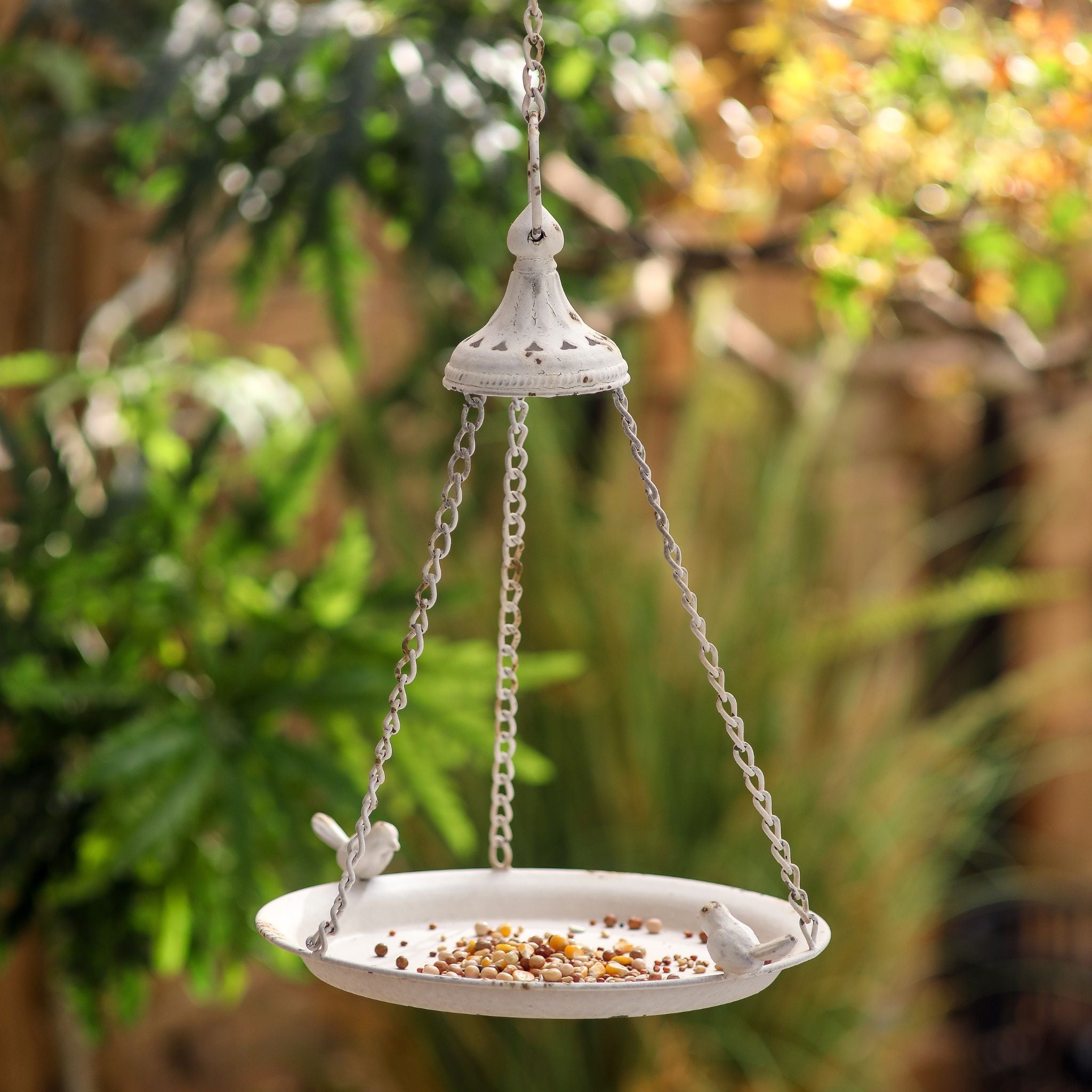 Fleur distressed white hanging bird feeder, an open tray on chains from a little crown, two birds on the rim with seed.