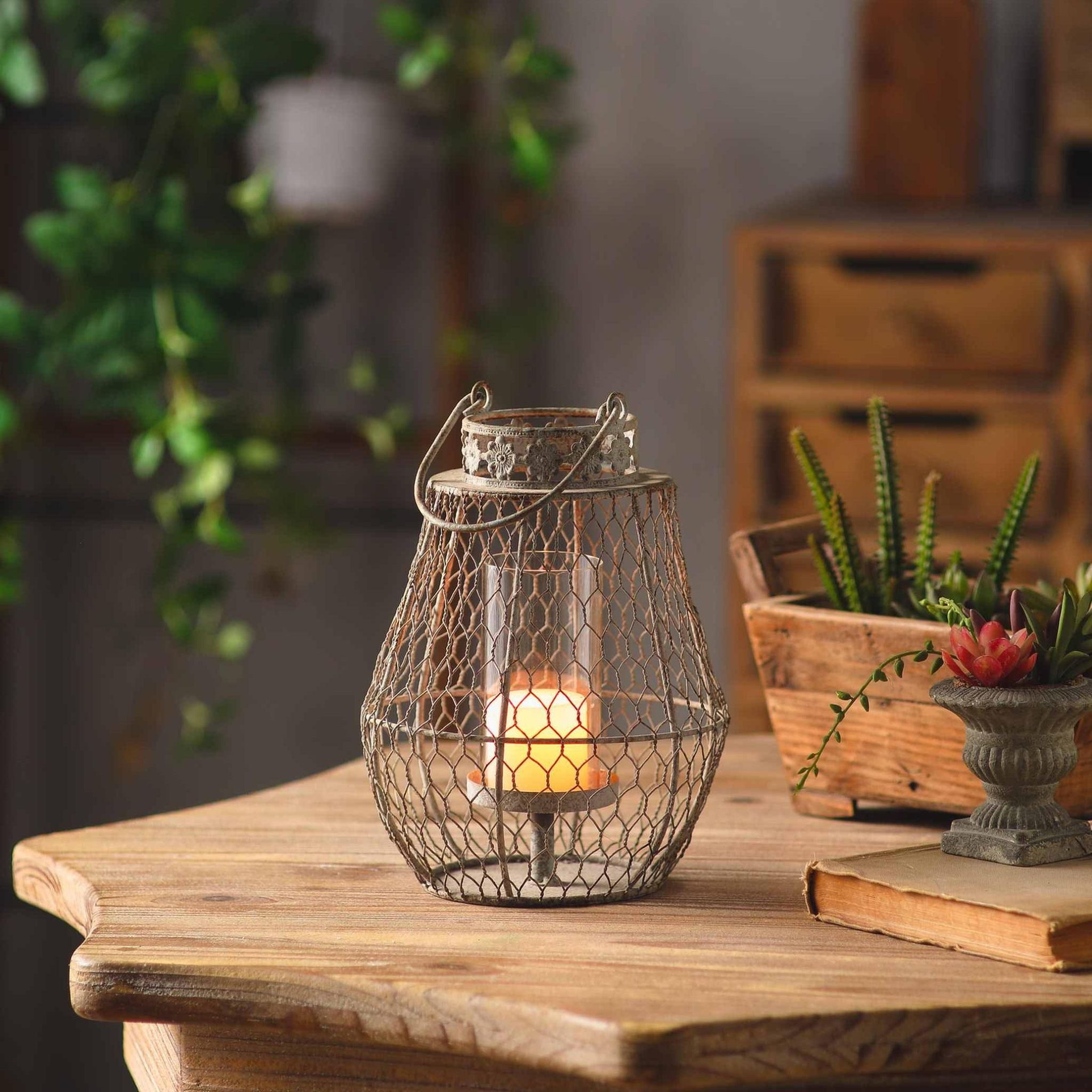 Louise French Provincial wire cage candle lantern in weathered grey with a floral collar, glass insert and lit pillar candle, on a timber table with succulents.