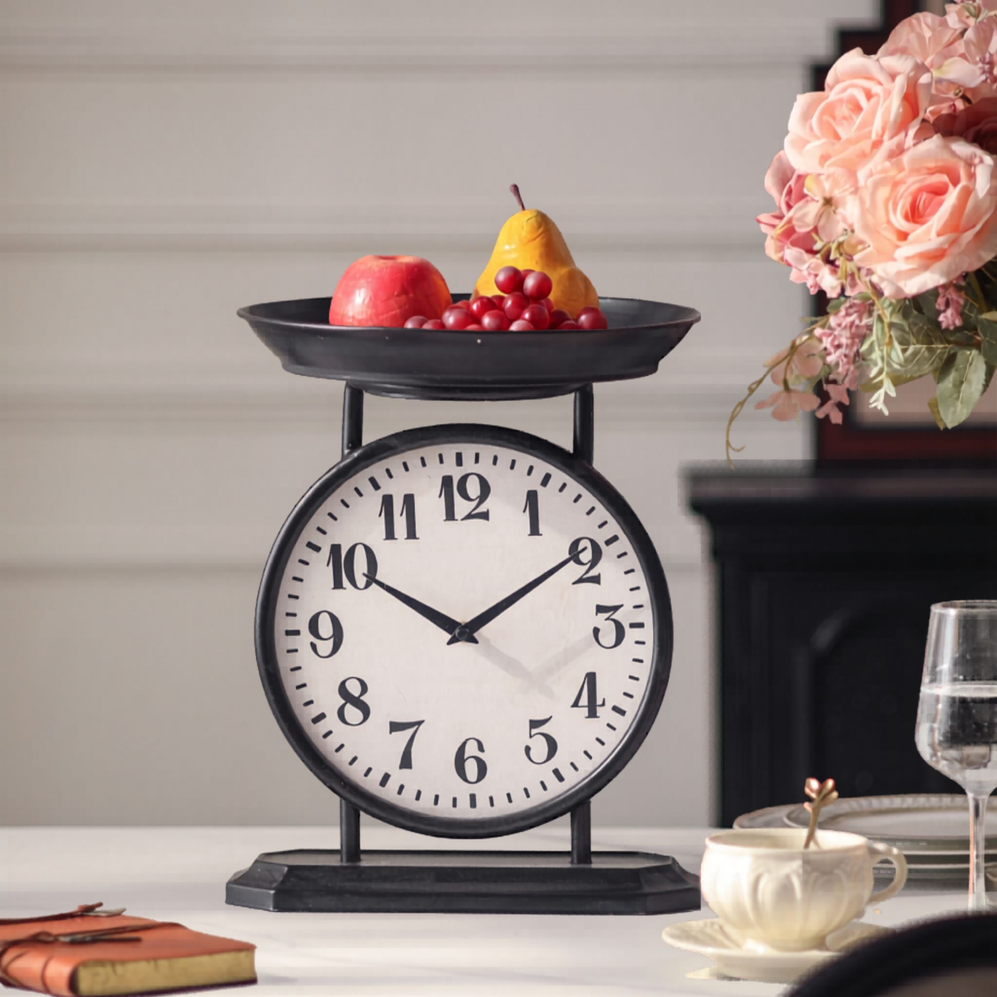 Patricia French Provincial scale-style table clock in black metal with a display tray of fruit