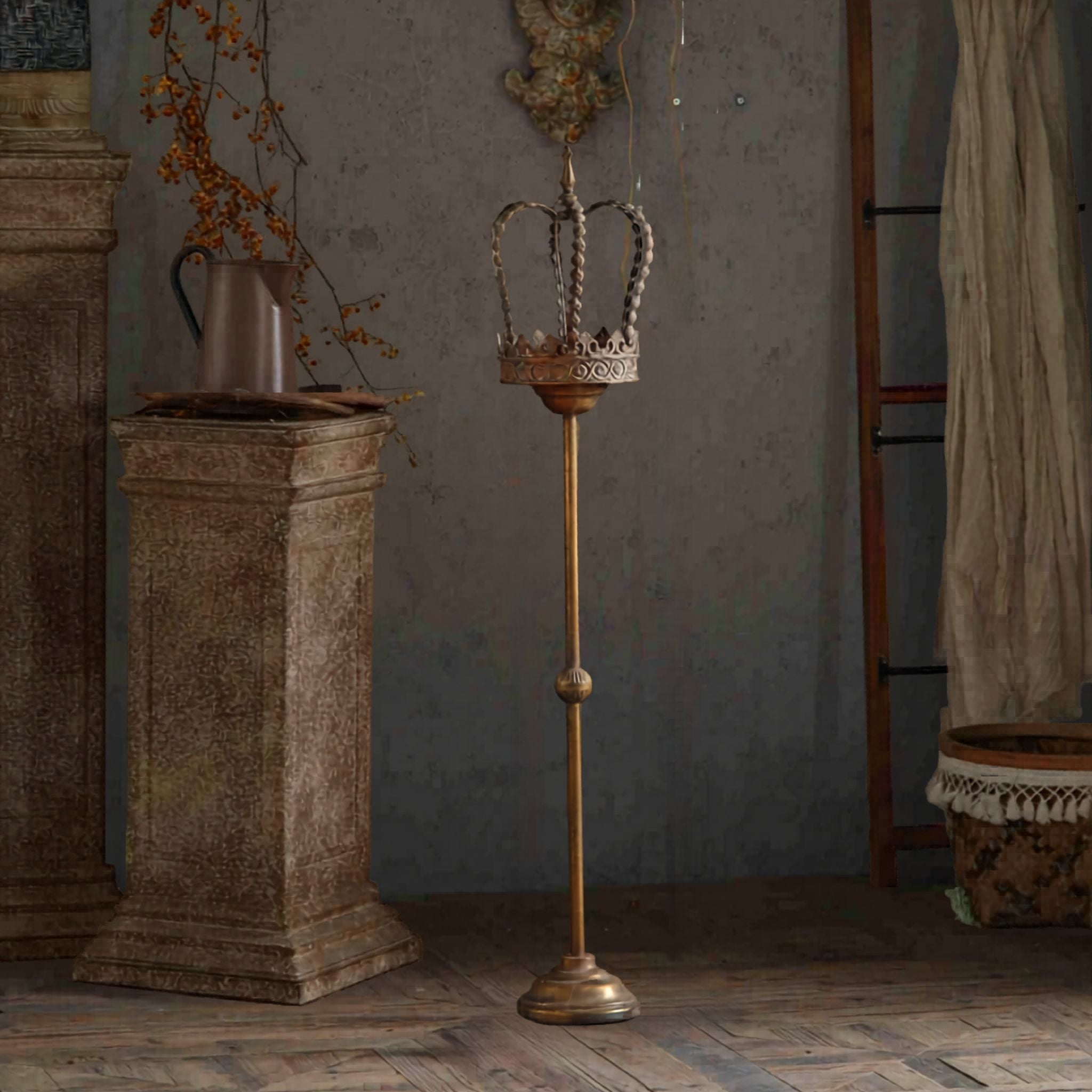Gael tall antique gold crown candle holder on a turned floor base