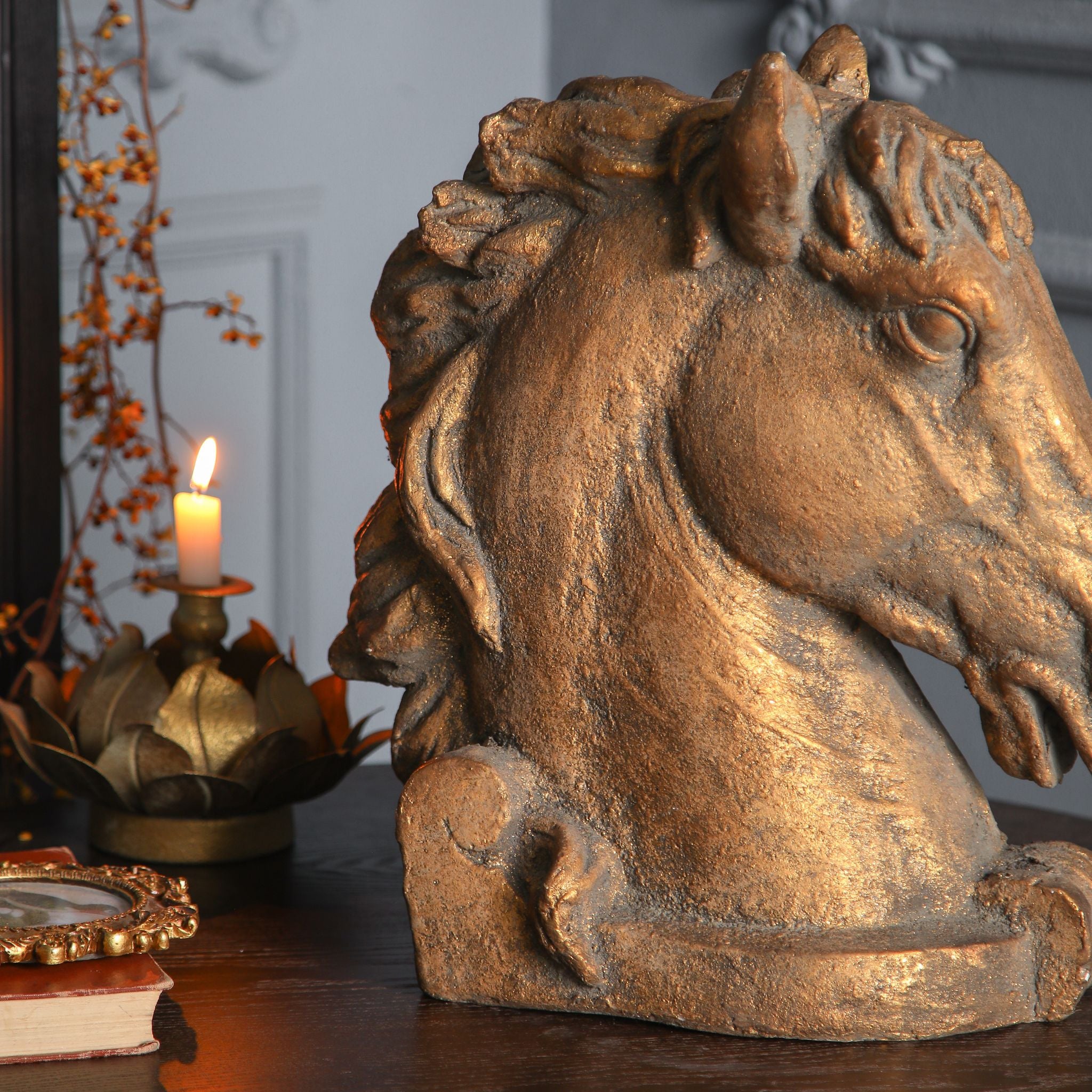 Close-up of Bayard showing the hand-finished mane and bronze patina in the recesses