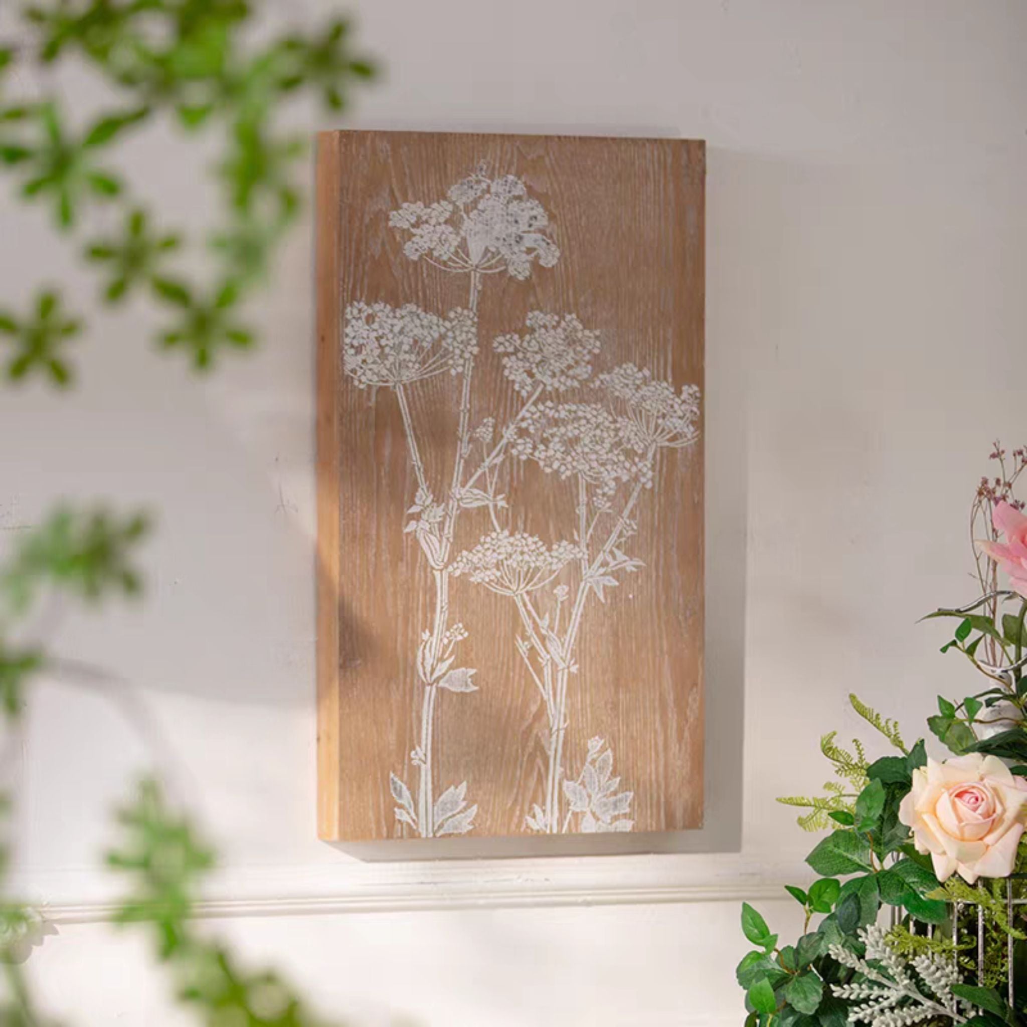 Hughette French Provincial wood block wall art, white wildflower print in the Queen Anne's lace style on natural timber.