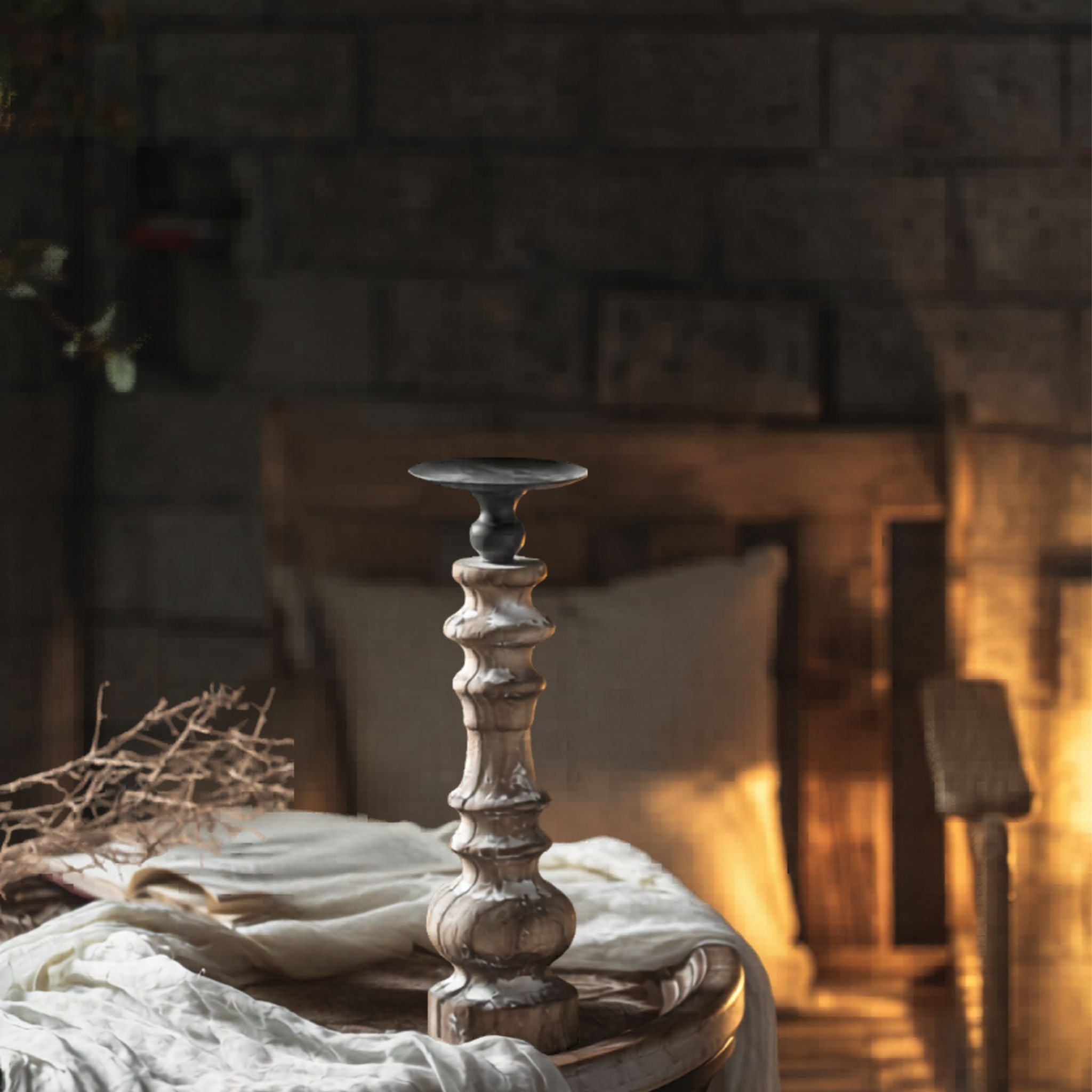 Jean turned-timber pillar candle holder shown with the empty aged metal dish, full height, distressed white finish.