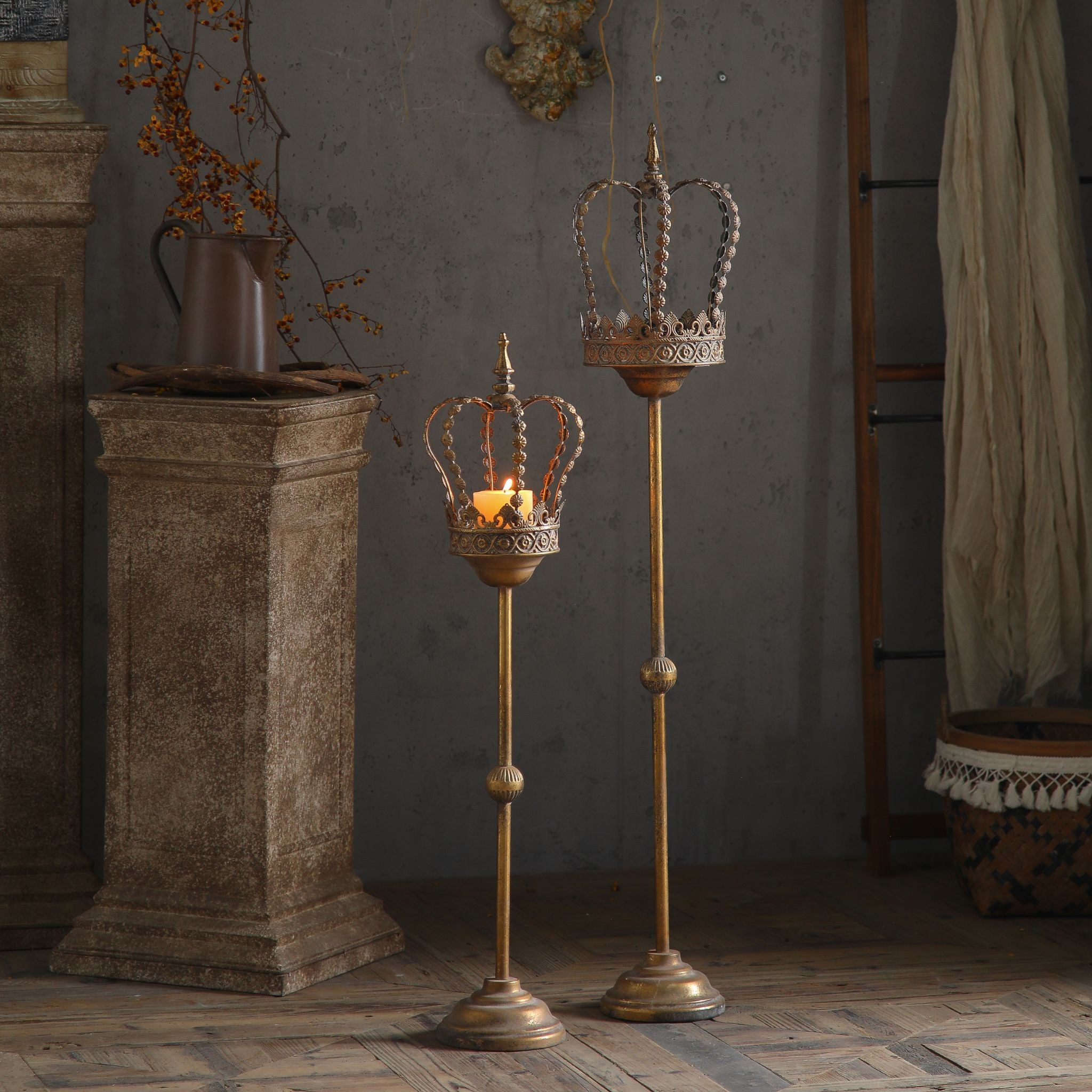 Two crown candle stands at different heights, taller companion sold separately