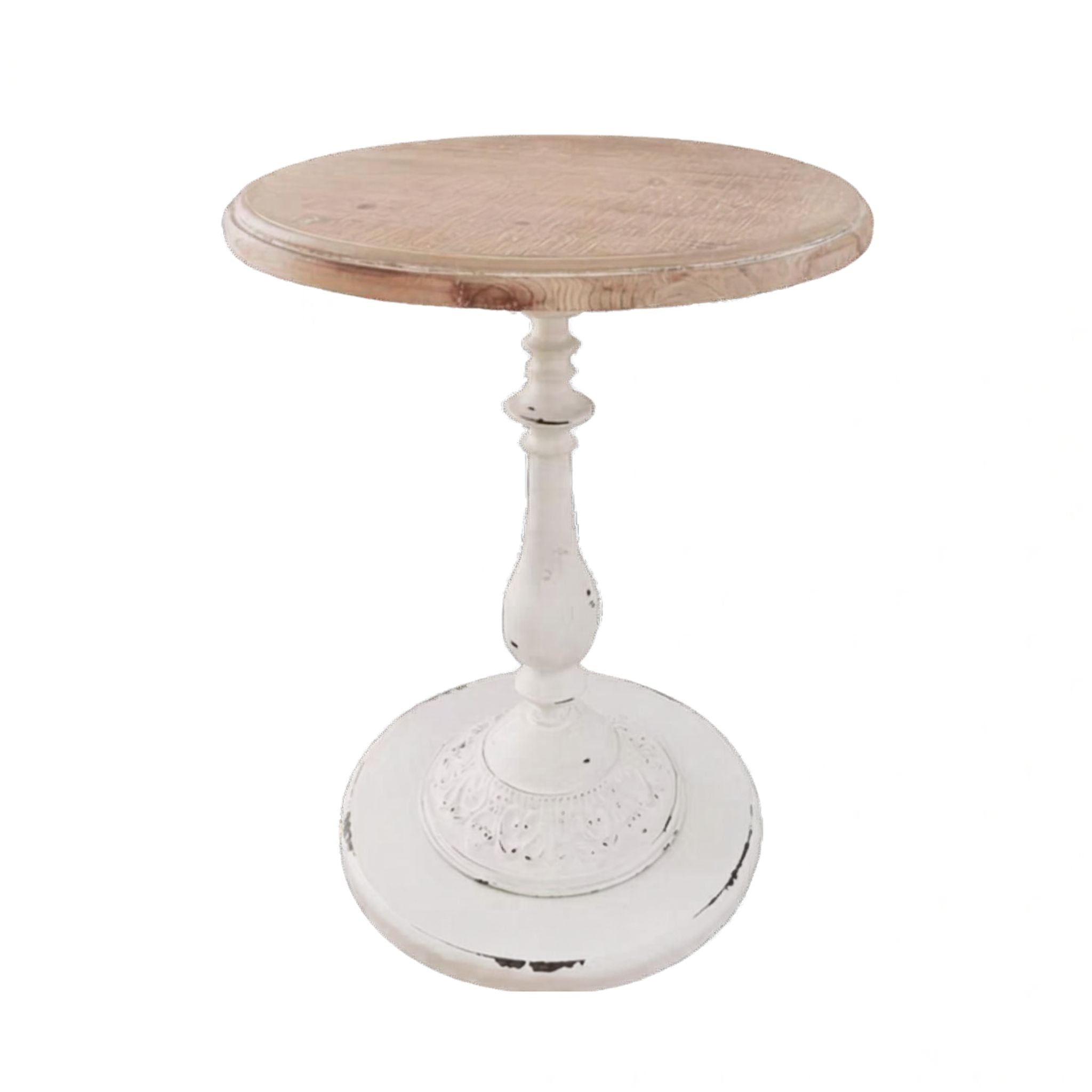 Juliette pedestal side table on a white background, full view of fir top and distressed white base