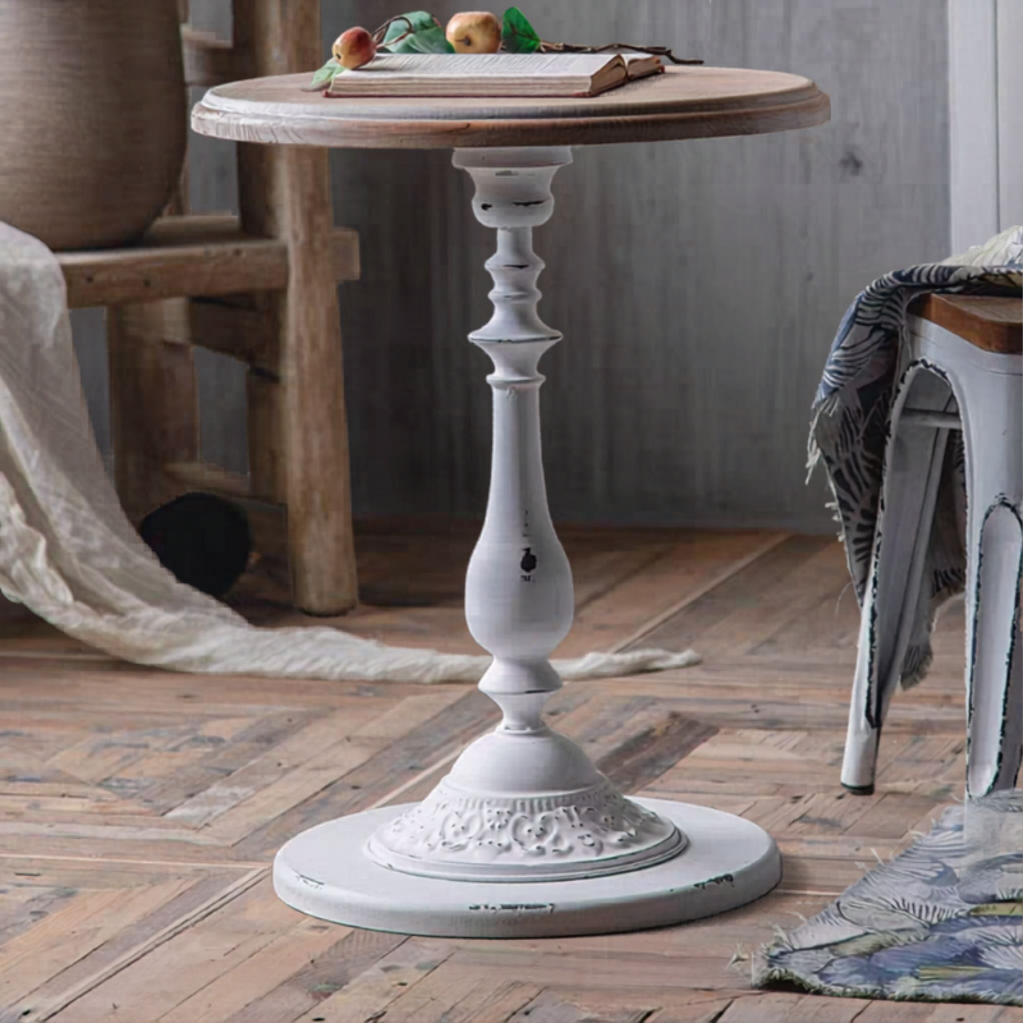 Juliette pedestal side table on a white background, full view of fir top and distressed white base