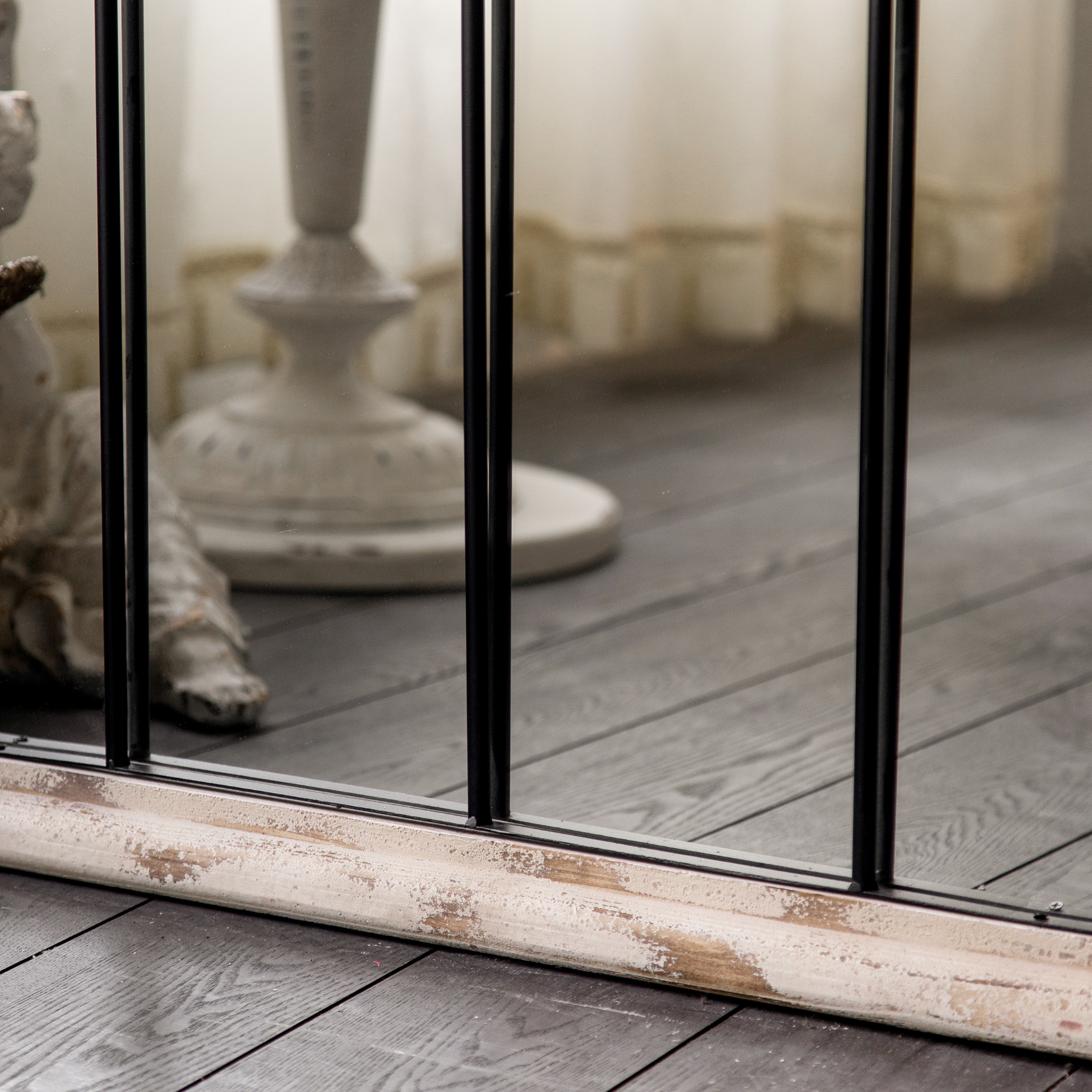 Distressed timber base detail of the Laurent French Provincial arch floor mirror