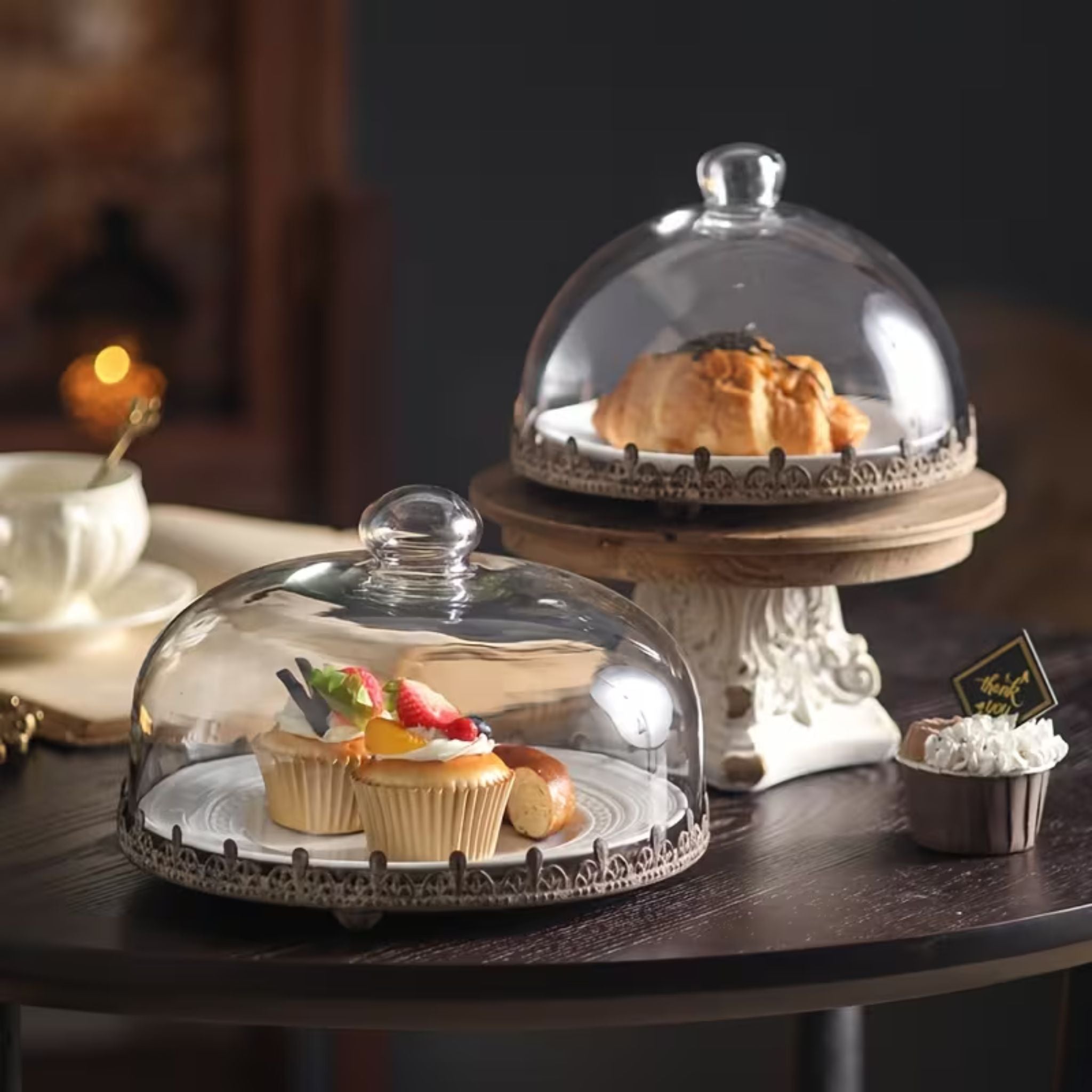 Lilou glass cake dome styled on a table for dessert display