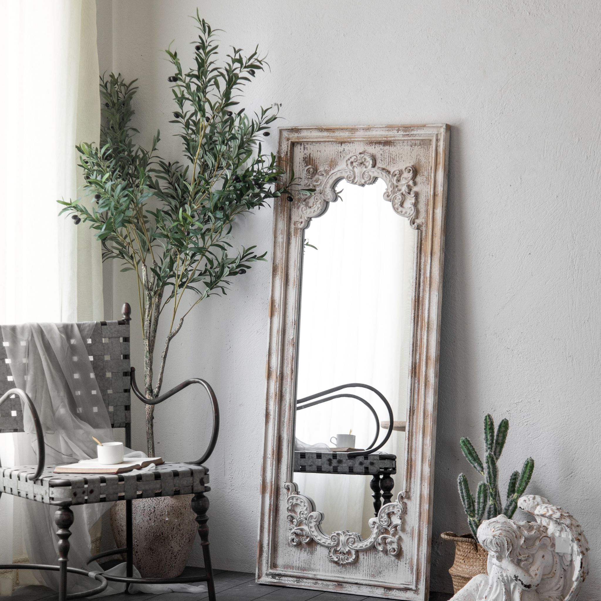 Lucien French Provincial ornate floor mirror with distressed timber frame and applied scrollwork