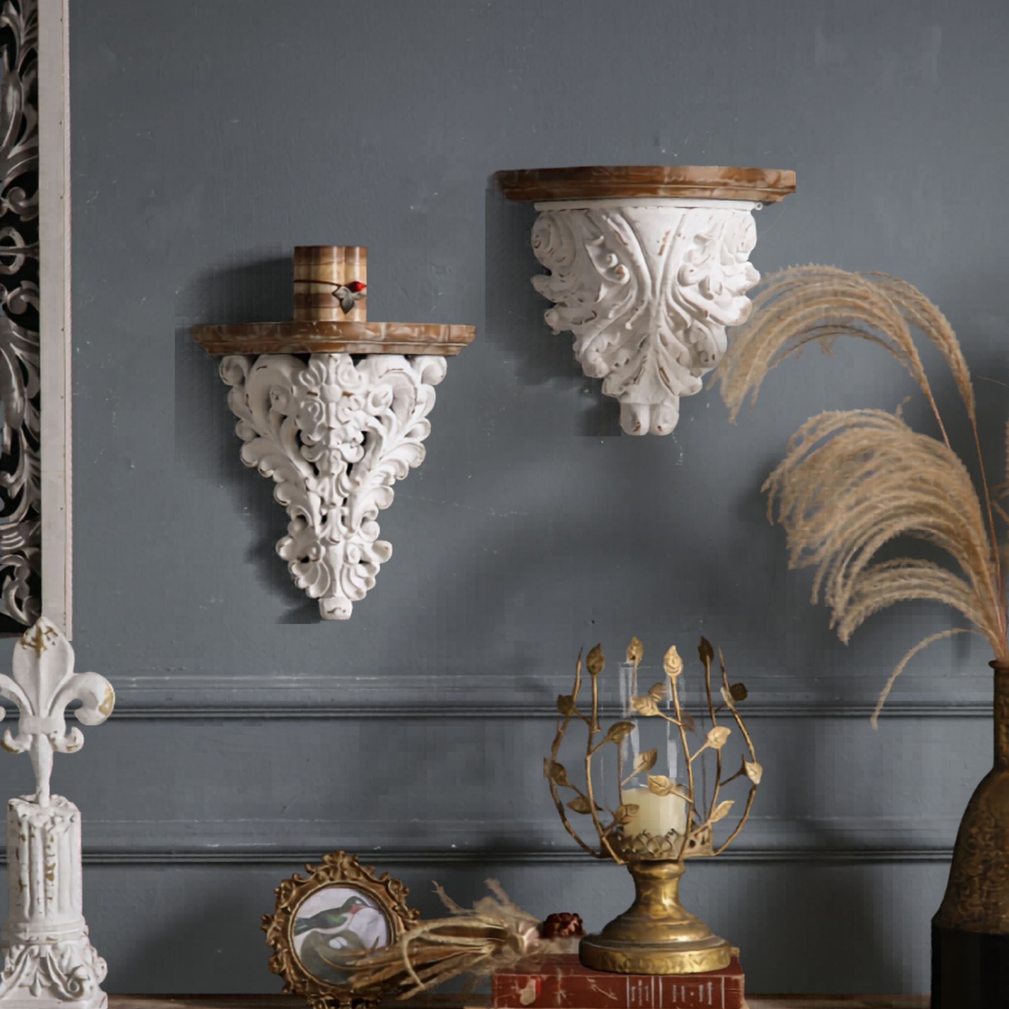 Marguerite scroll corbel shown on the left alongside the acanthus leaf corbel on the right, demonstrating wall styling