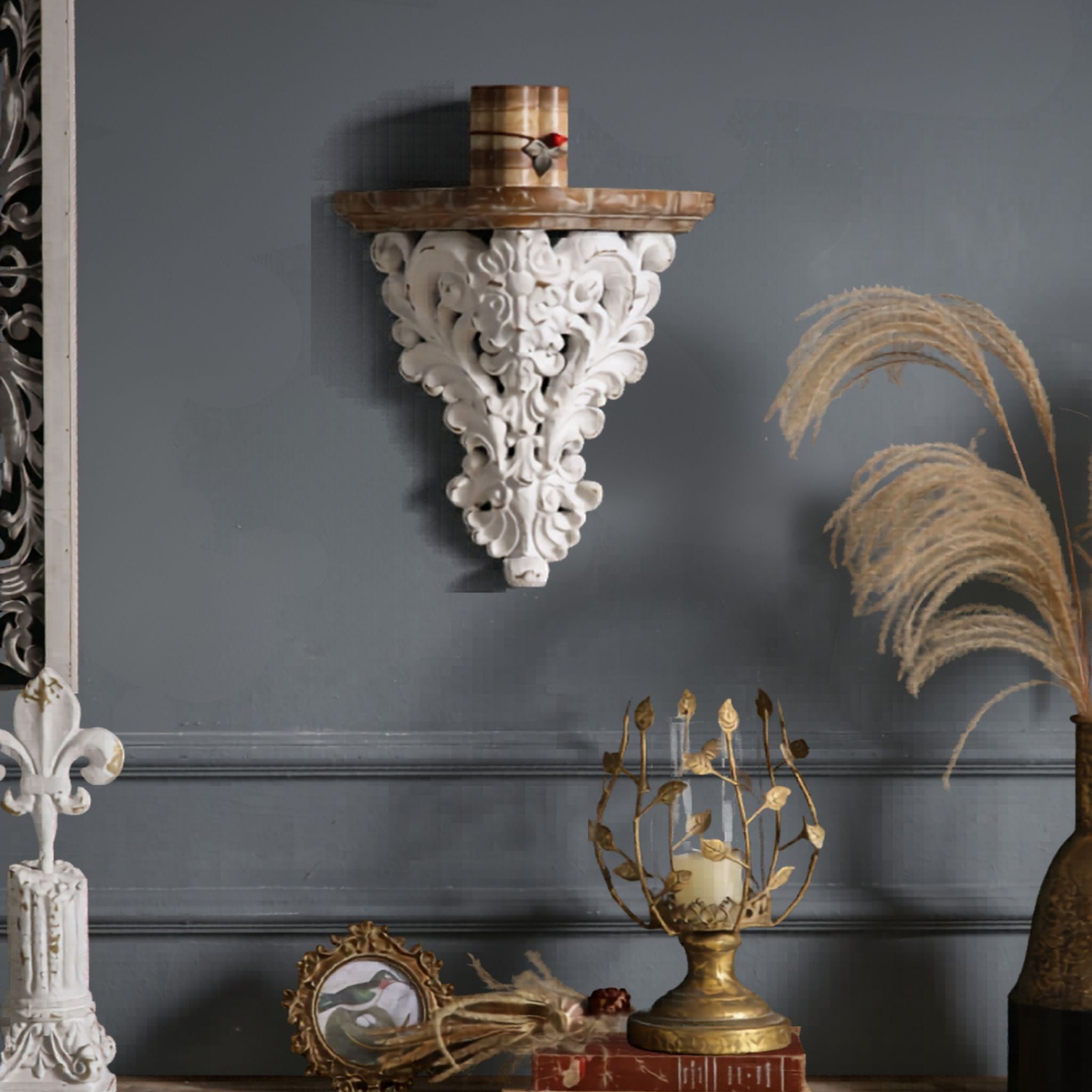 Marguerite French Provincial wall corbel shelf in distressed whitewash with carved scrollwork and timber top, styled on a charcoal wall with pampas grass