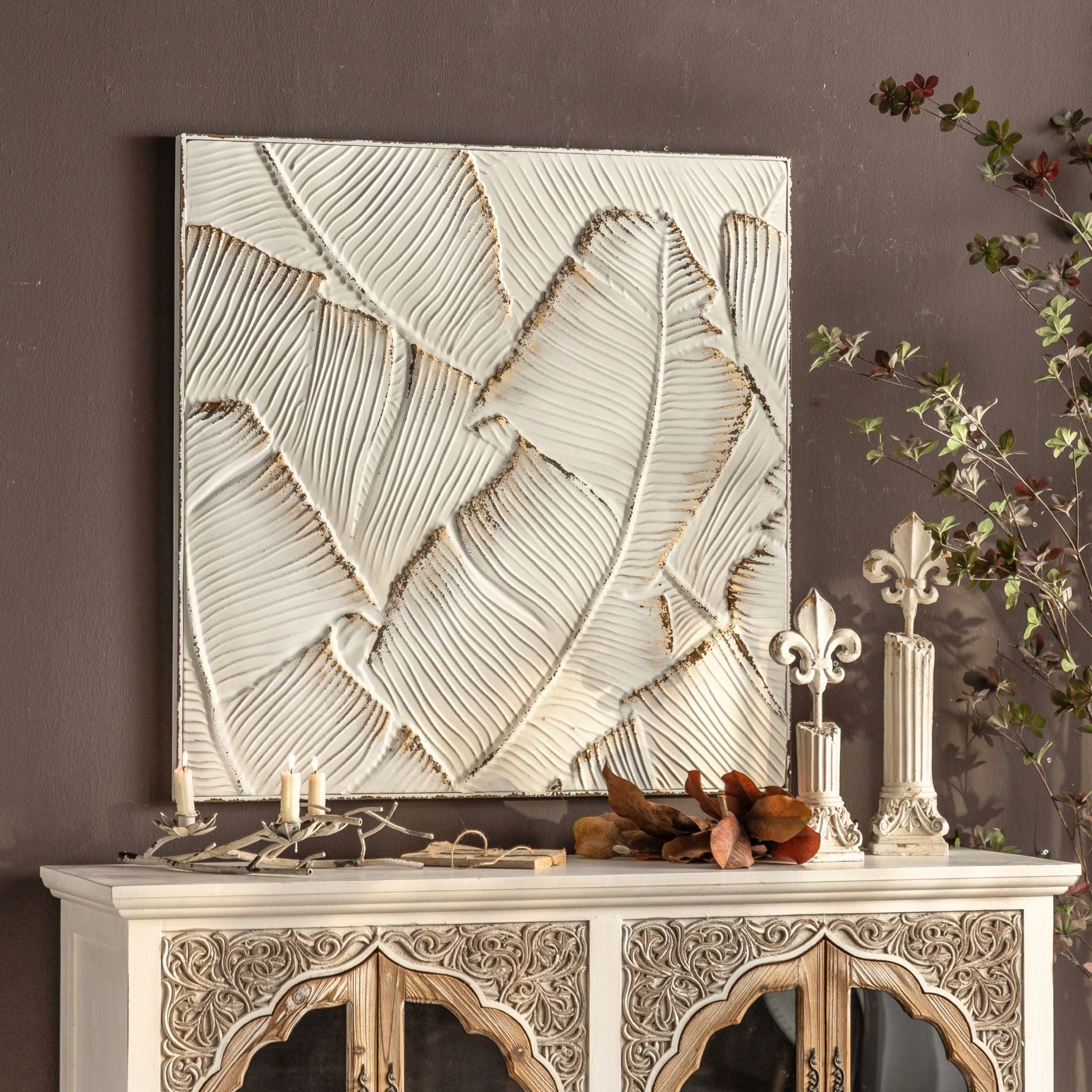 The Marshall square wall art styled above a sideboard on a dark wall in a French country room.
