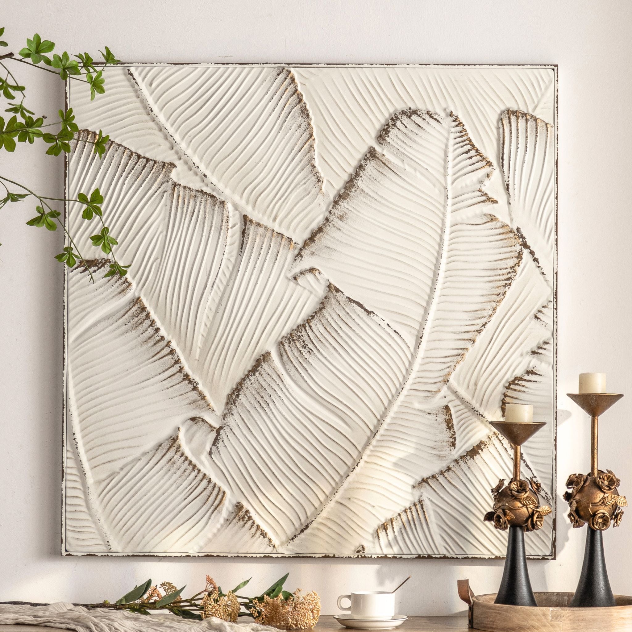 Marshall French Provincial square wall art, deeply embossed banana leaves in distressed white over gold.