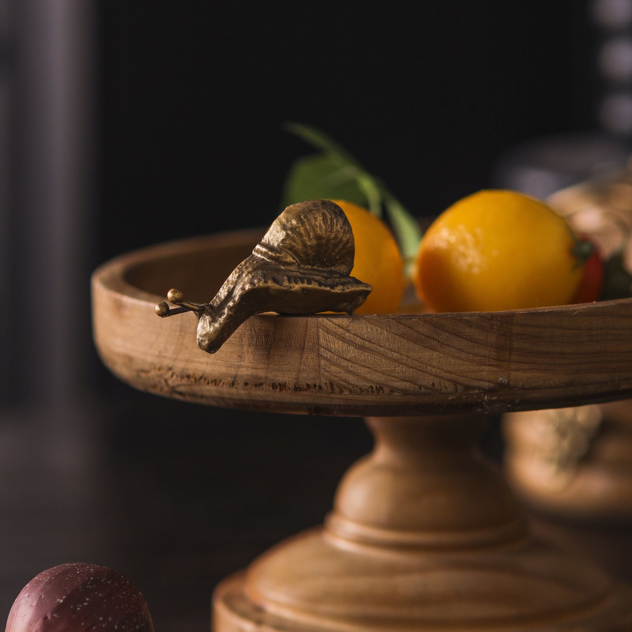 Close-up of the cast brass snail resting on the rim of the Mia wooden tray.