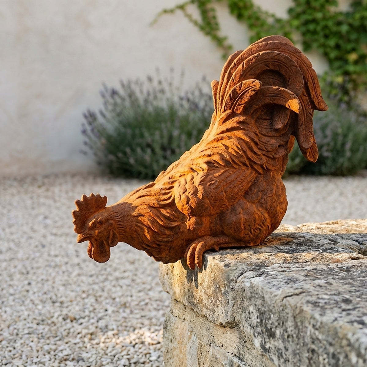 Monsieur Panache cast iron rooster on a stone ledge, head and serrated comb reaching out past the edge with his feet over the lip