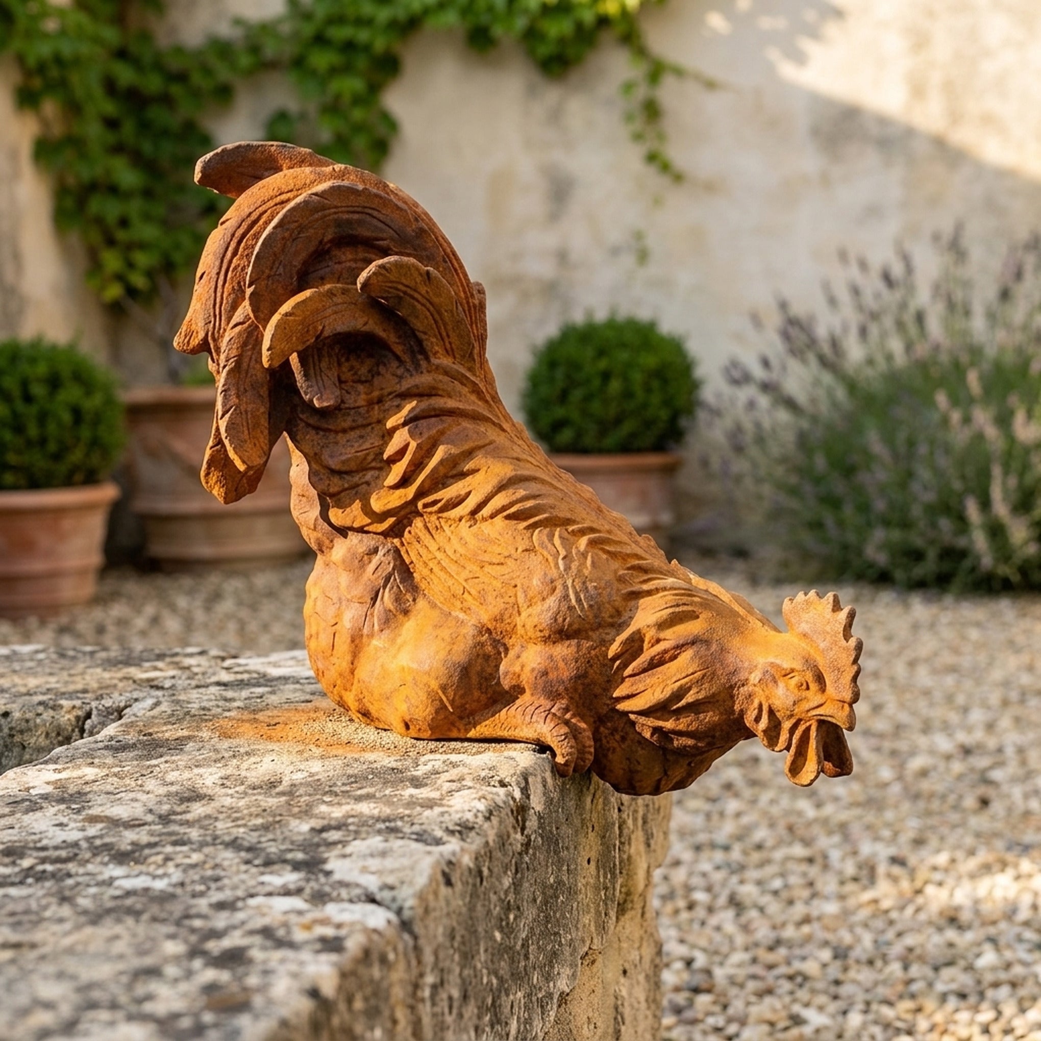 Monsieur Panache rust cast iron rooster perched on a limestone wall top with his head and comb out over the edge