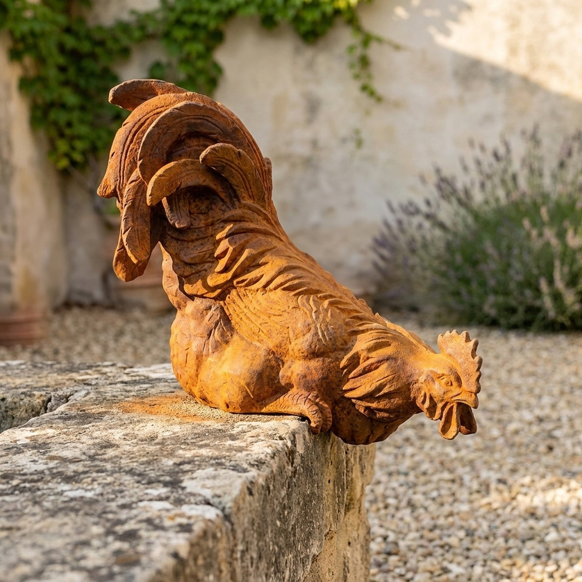 Monsieur Panache rust cast iron rooster perched on a limestone wall top with his head and comb out over the edge