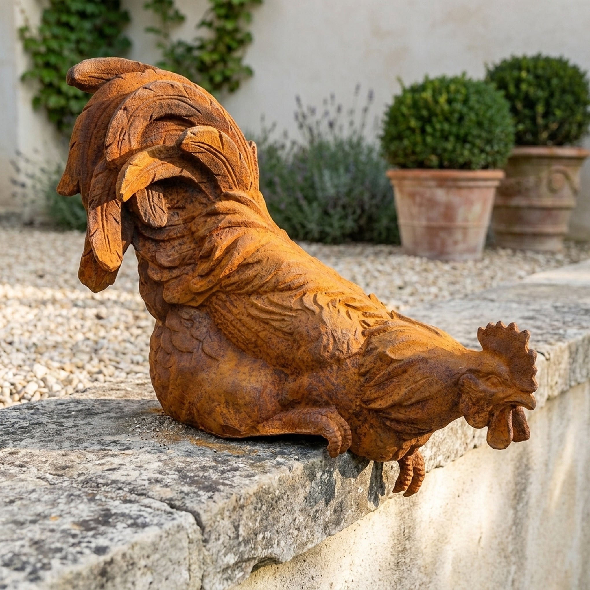 Monsieur Panache cast iron rooster ledge sitter, three quarter view showing the arched sickle tail and the feet over the stone edge