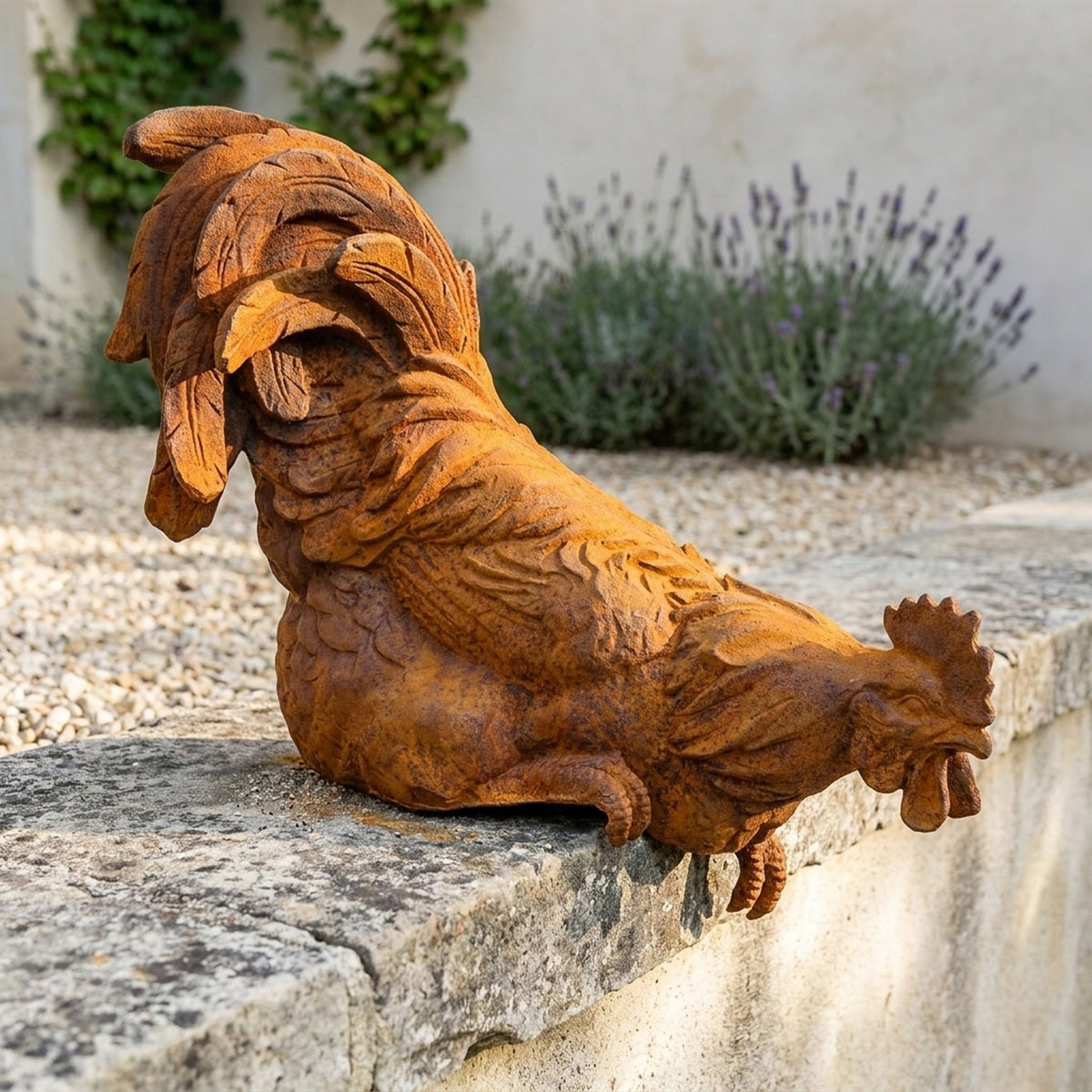 Monsieur Panache cast iron rooster ledge sitter, three quarter view showing the arched sickle tail and the feet over the stone edge