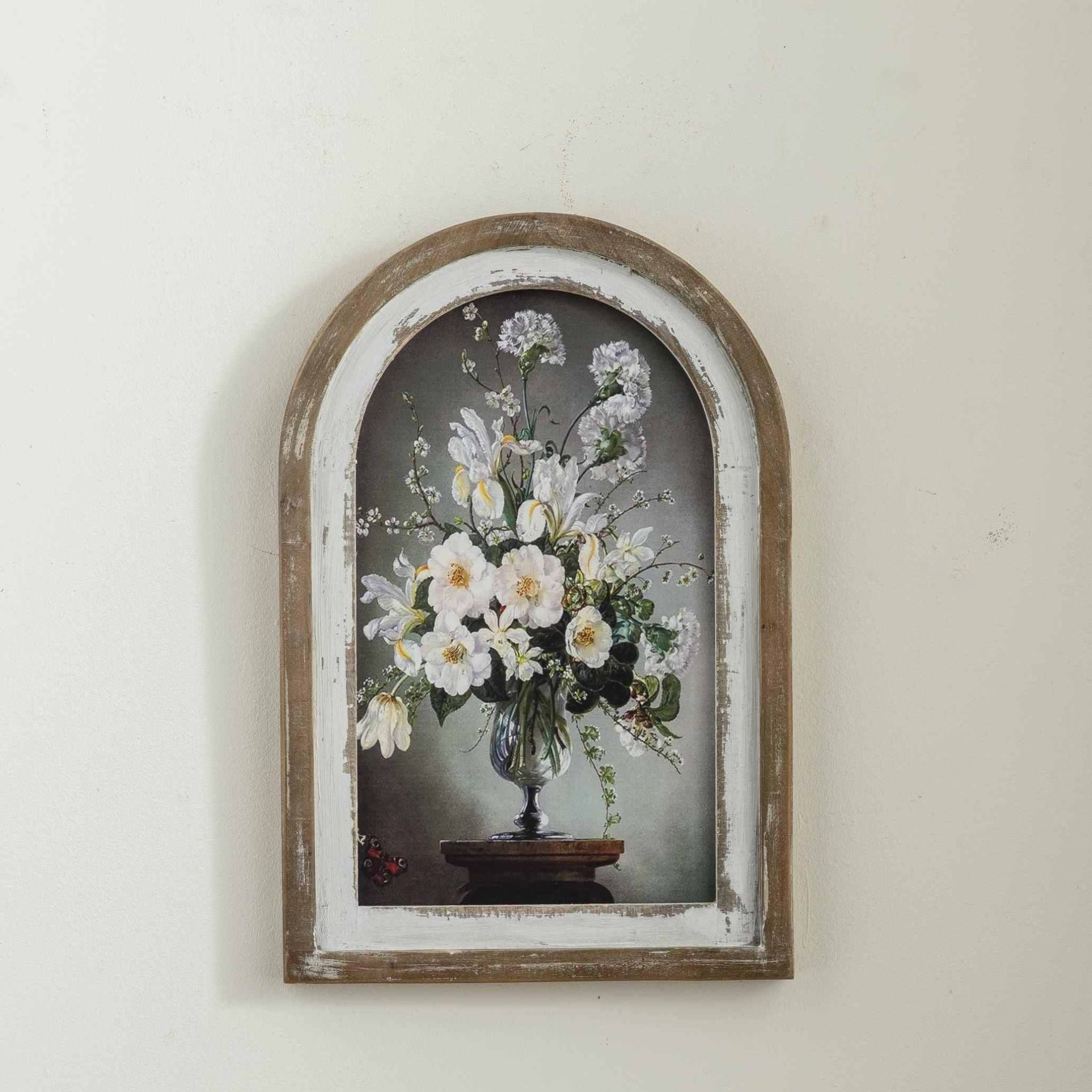 Nadine French Provincial arched floral wall art, a white bouquet on a grey ground in a distressed fir wood frame.
